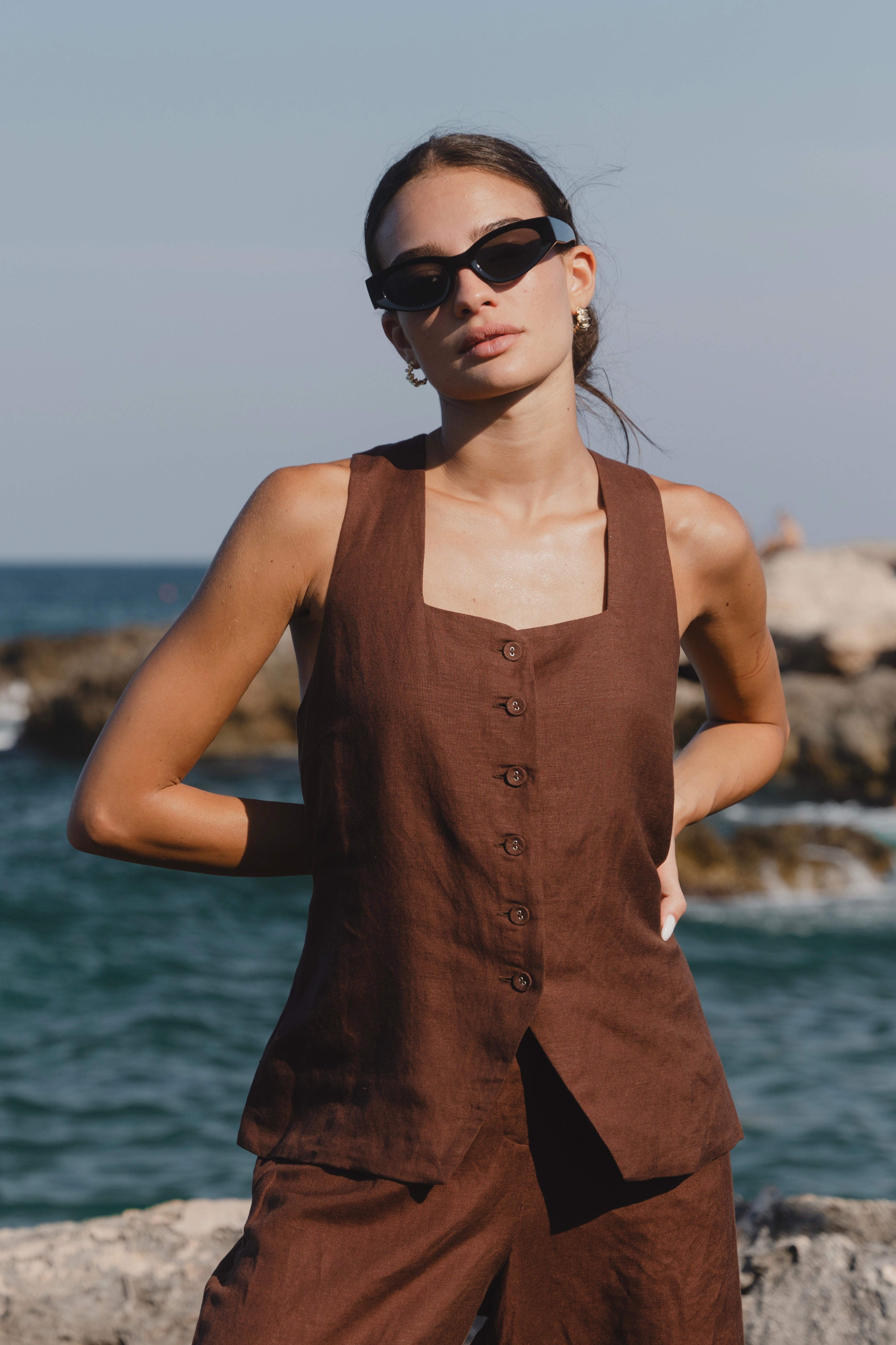 Coastal Chocolate Linen Longline Crew Vest for Women - Lightweight Summer Layering Piece for Beach Outfits & Casual Wear