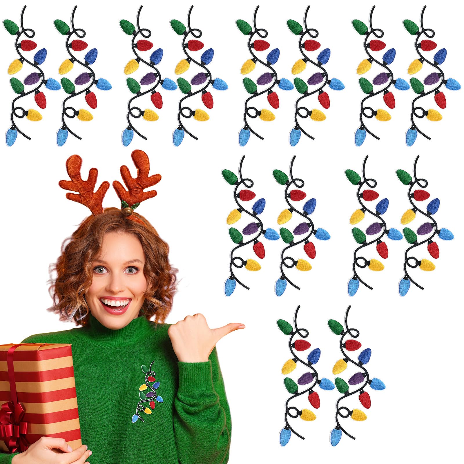 Hoolerry 14Pcs Christmas Iron on Patches - Holiday Lights Embroidery Appliques for DIY Crafts, Clothing, Jeans, Hats & Sweaters - Bulk Polyester Cotton Decorative Patches for Festive Home Decor & Gift Wrapping