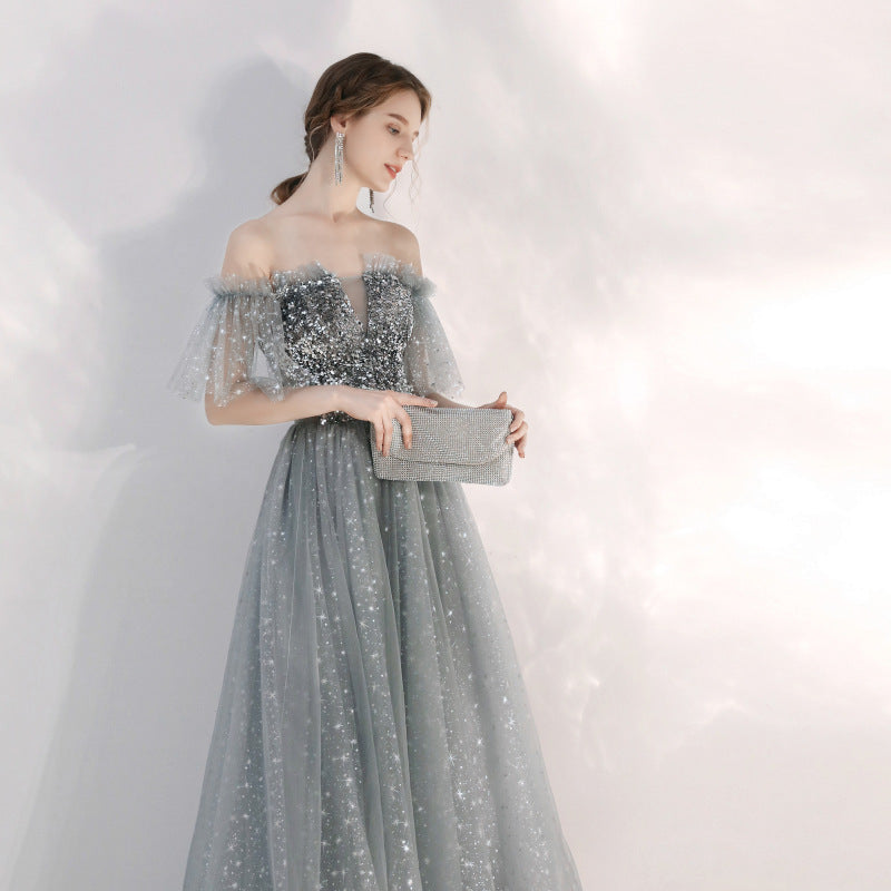Elegant Off Shoulder Shiny Tulle Prom Dress - A-Line Long Formal Evening Gown for Homecoming, Quinceañera & Special Occasions | Style 674