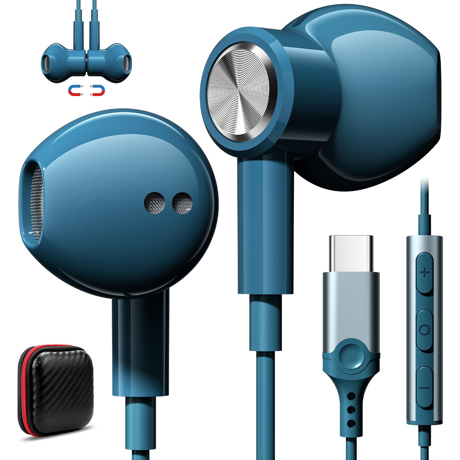 USB C Headphones Wired Earbuds with Microphone - HiFi Magnetic Sport Earphones for iPhone 16/16 Pro Max/15 Plus, iPad Mini/Pro/Air, Samsung Galaxy S25/S24/S23/Flip5/Fold6/A55/A35, OnePlus 9 - Perfect for Workouts, Gaming & Travel
