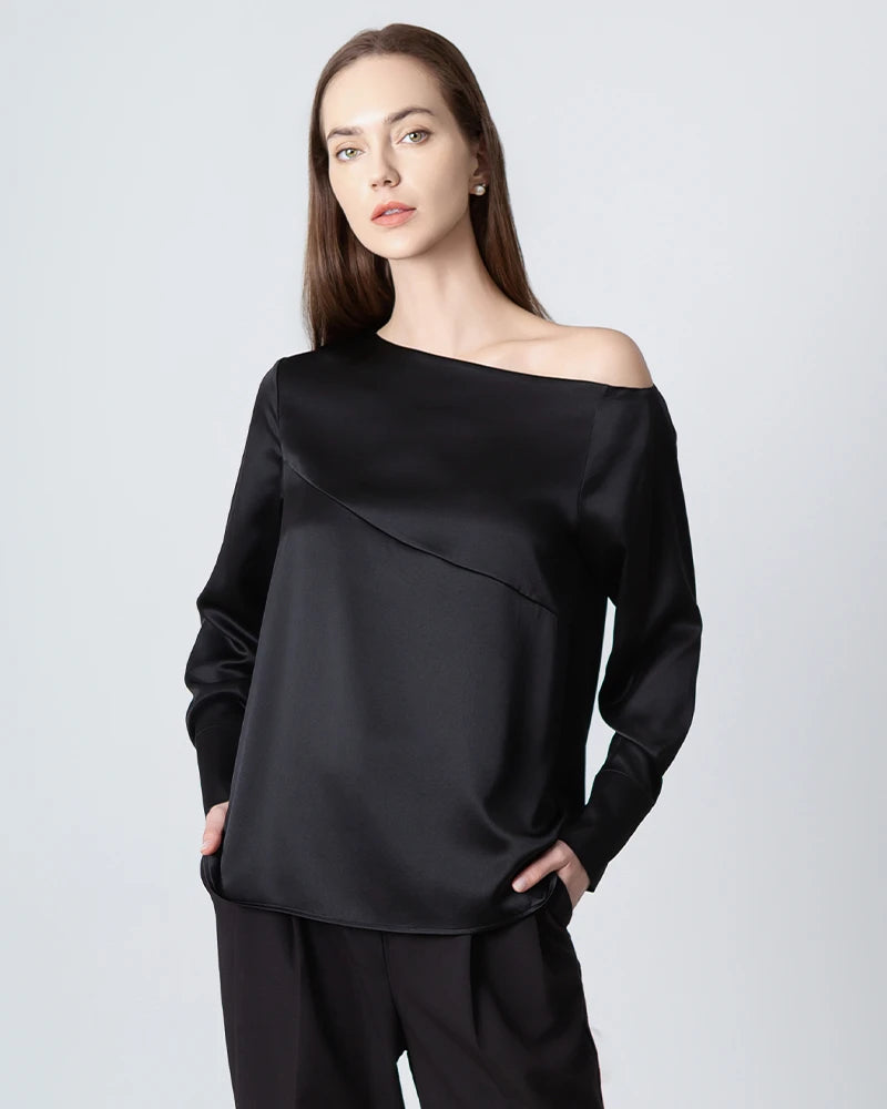 Elegant One Shoulder Long Sleeve Silk Blouse for Women - Luxury Party Wear & Evening Dress - Perfect for Date Nights, Cocktail Parties & Special Occasions