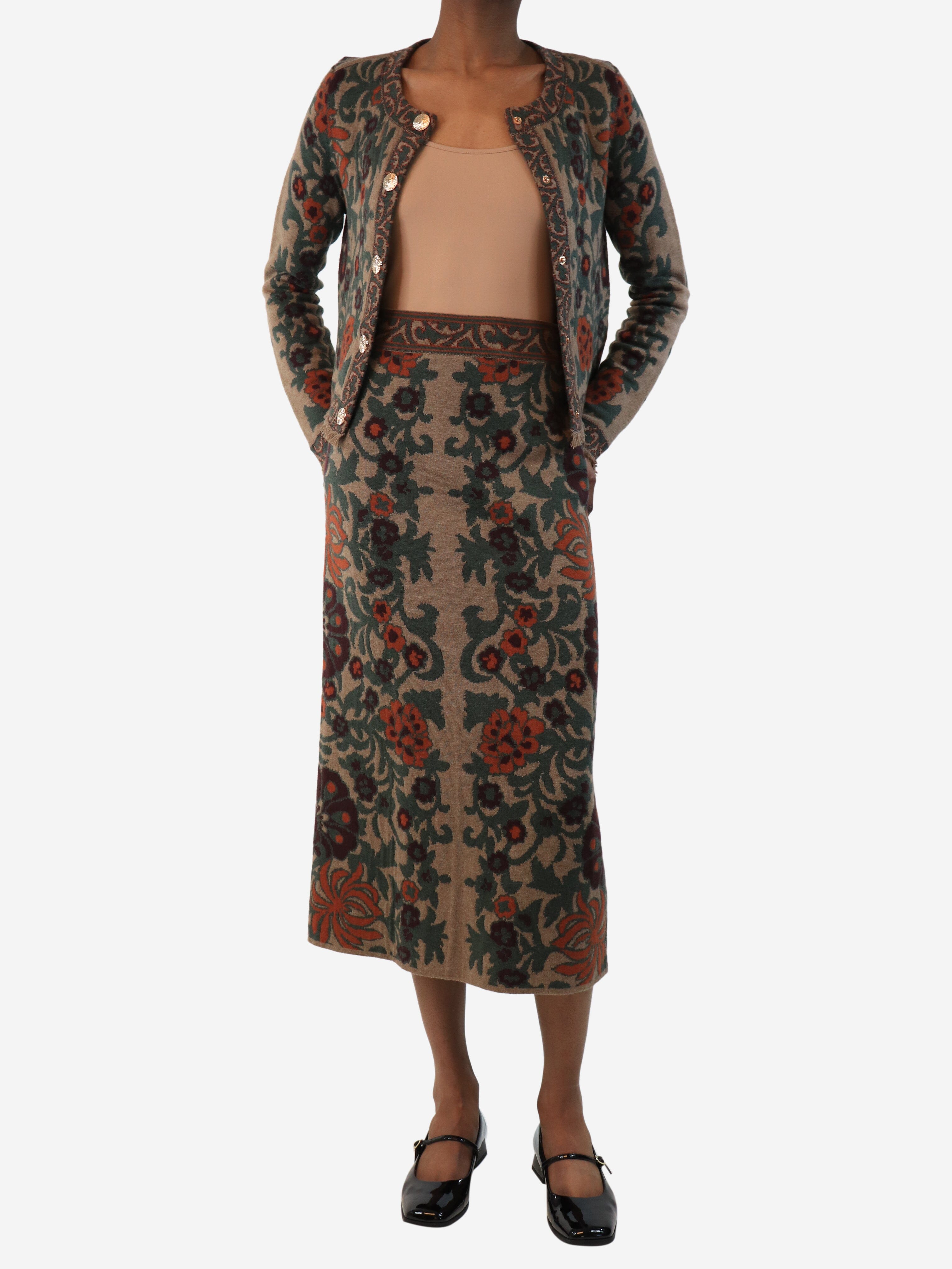 Brown and Green Floral Cardigan and Skirt Set for Women - Size XS | Boho Chic Outfit for Spring & Summer | Perfect for Casual Wear, Dates, and Office Outfits