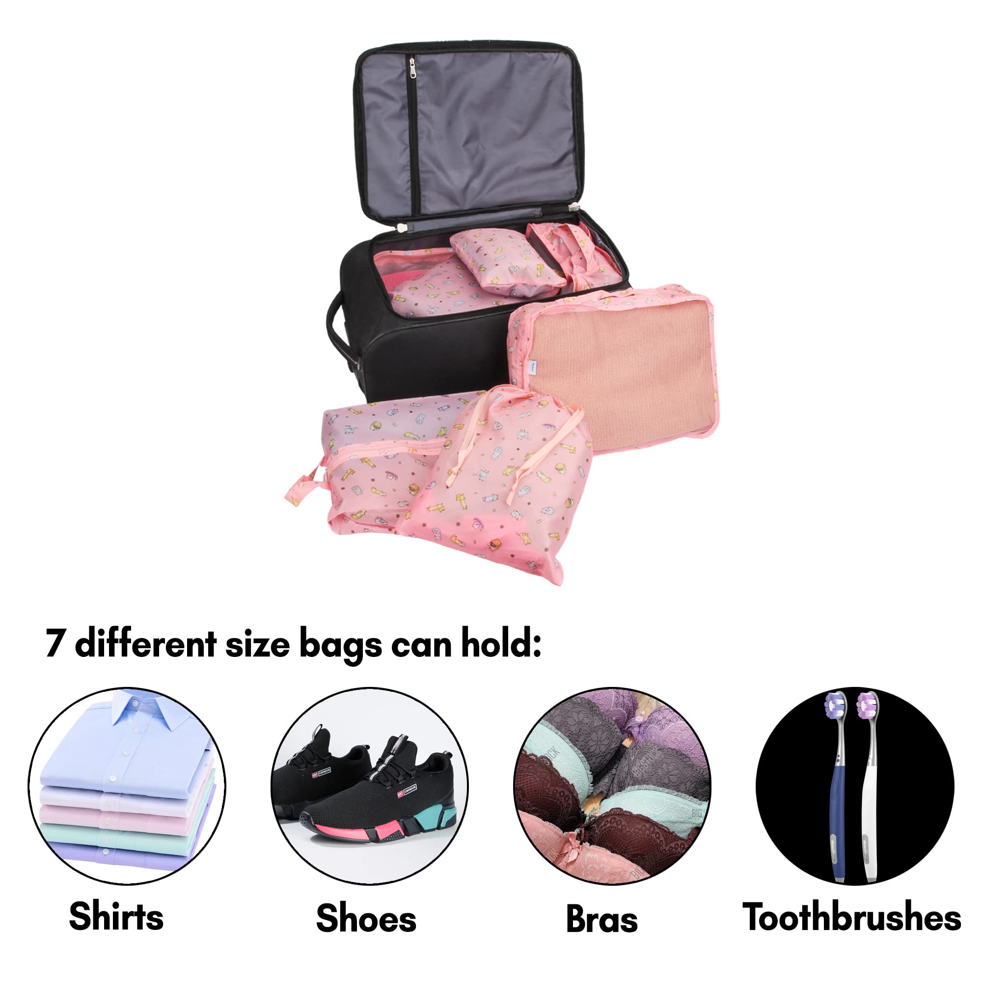 7-Piece Cube Storage Organizer Set - Foldable Travel Packing Bags for Clothes, Cosmetics, Underwear & Shoes - Space-Saving Luggage Organizer (Pink) | Perfect for Travel, Home Organization & Closet Storage