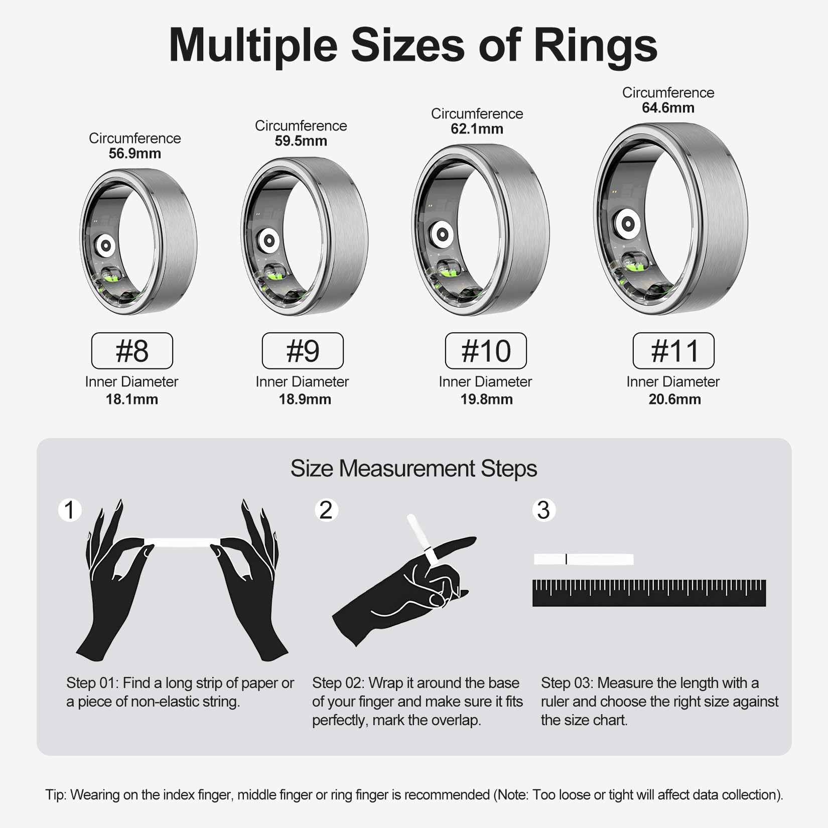 Temdan Upgraded Smart Ring - Wearable Fitness Tracker with Heart Rate, Blood Oxygen & Sleep Monitoring | IP68 Waterproof Health Ring | No Subscription Fees | Customizable Design (Silver, Size 9) for Gym, Running & Daily Activity Tracking