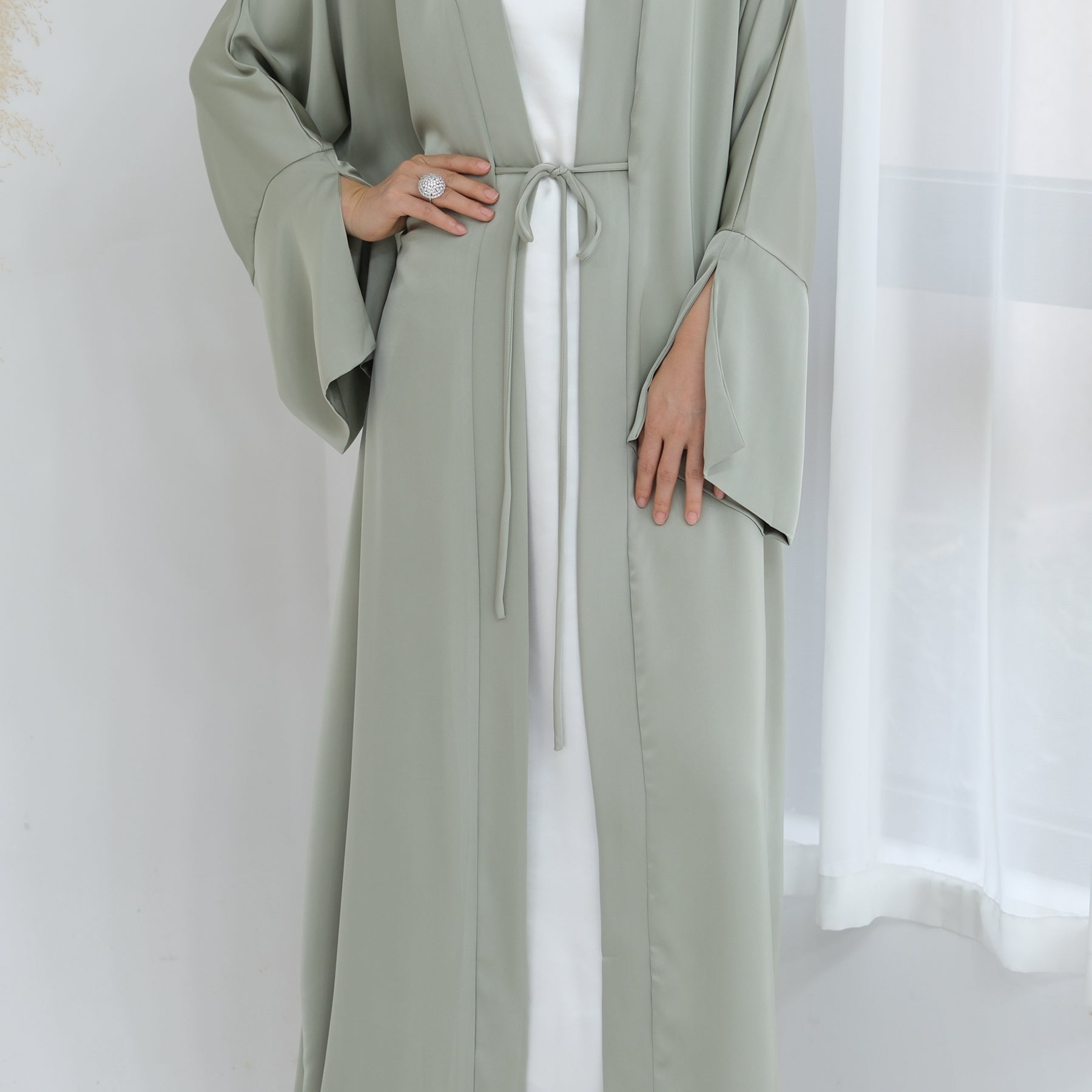 Lavinia Satin Open Abaya for Women - Elegant Long Flowy Prayer Dress - Sage Green Islamic Modest Wear for Mosque, Eid & Special Occasions