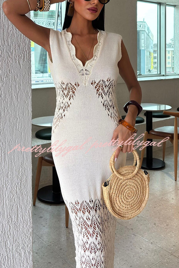 Elegant Solid Color Hollow Knit V-Neck Slim Fishtail Maxi Dress for Women - Perfect for Beach Vacation, Summer Party & Evening Occasions