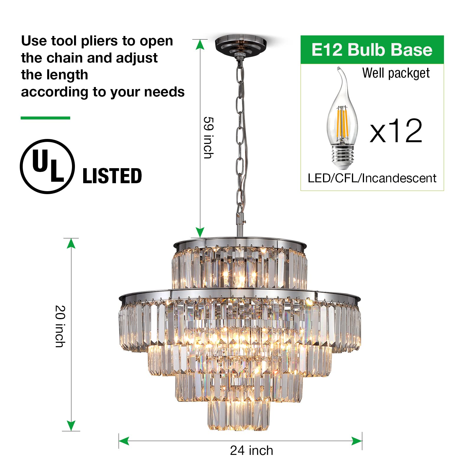 Modern Crystal Chandelier - 5-Tier Round Pendant Ceiling Light Fixture in Chrome (24 Inch) for Dining Room, Living Room, Bedroom & Entryway - Elegant Lighting for Home Decor & Special Occasions
