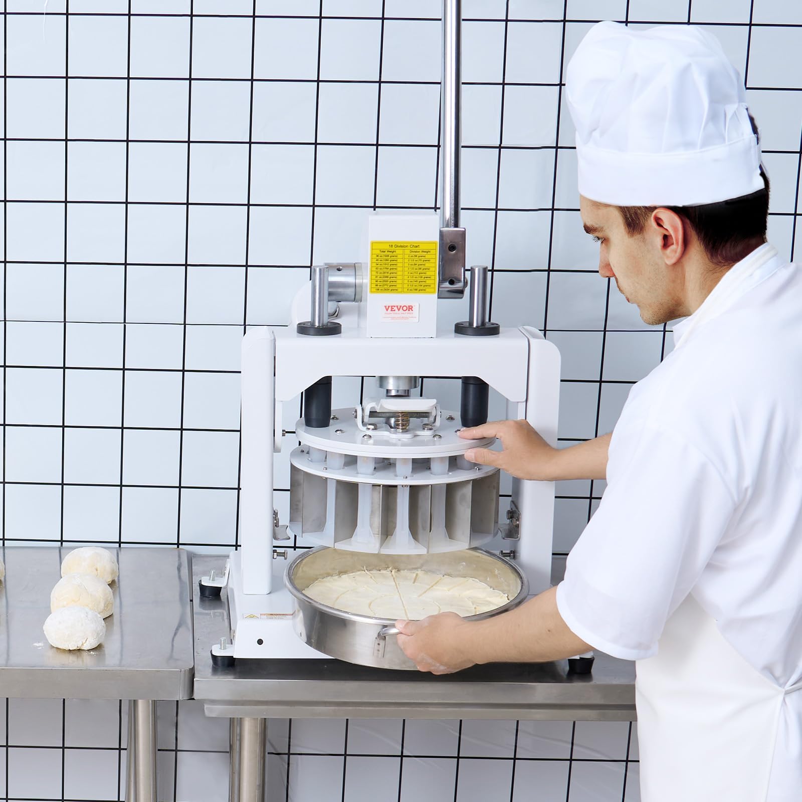 VEVOR 18PCS Manual Dough Divider Cutter with 304 Stainless Steel Tray & Blades (2.11oz-9.88oz) - Professional Pastry Dough Press for Bakeries, Restaurants & Commercial Kitchens - Perfect for Bread, Pizza, Pastry & Cookie Dough Preparation