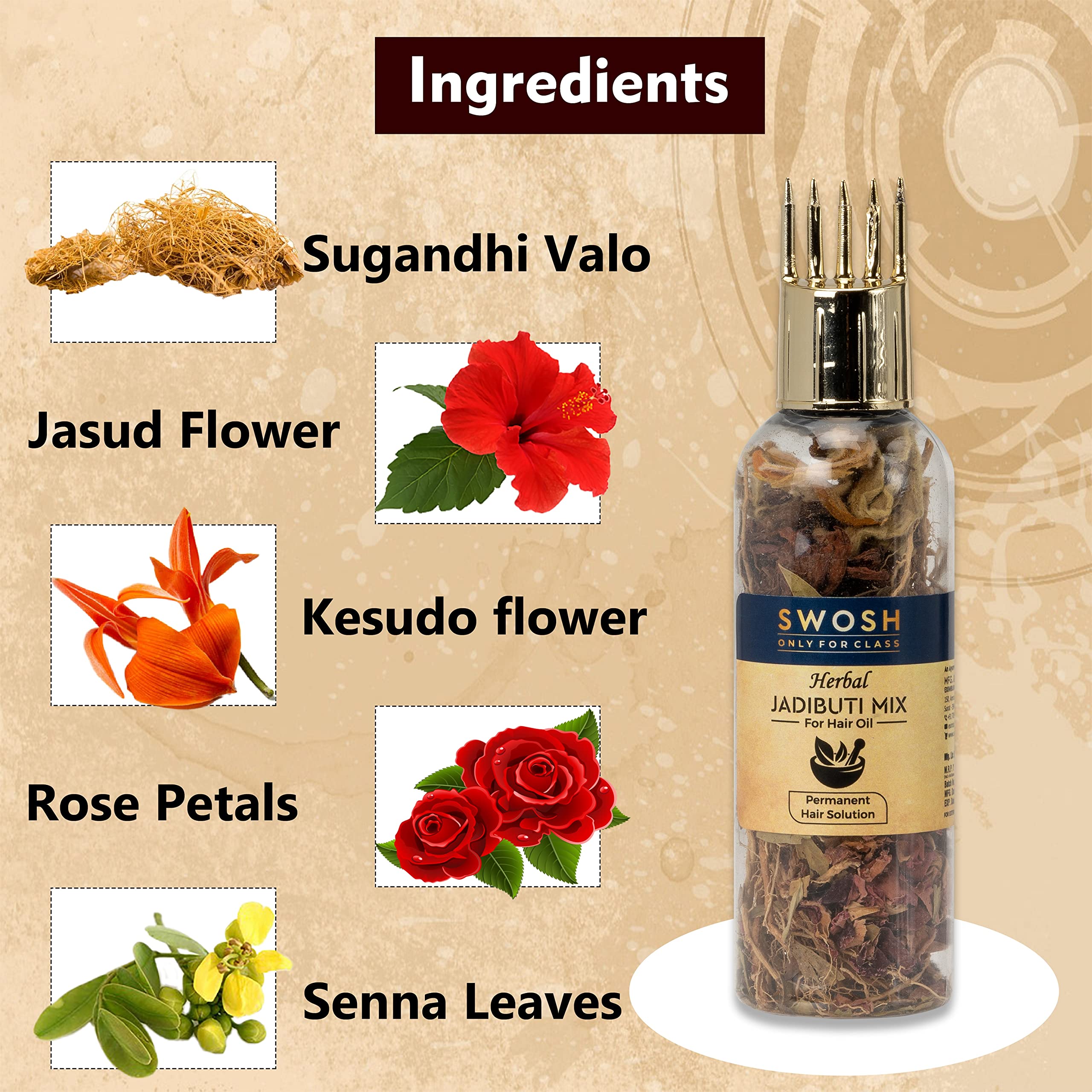SWOSH Ayurvedic Herbal Hair Oil - 10g Dry Jadibuti Mixture with Vetiver Roots, Jasud, Rose Petals, Kesudo & Senna Leaves | Includes Hair Oil Applicator Bottle | Promotes Hair Growth & Scalp Health | Perfect for Dry, Damaged Hair & Daily Hair Care Routine