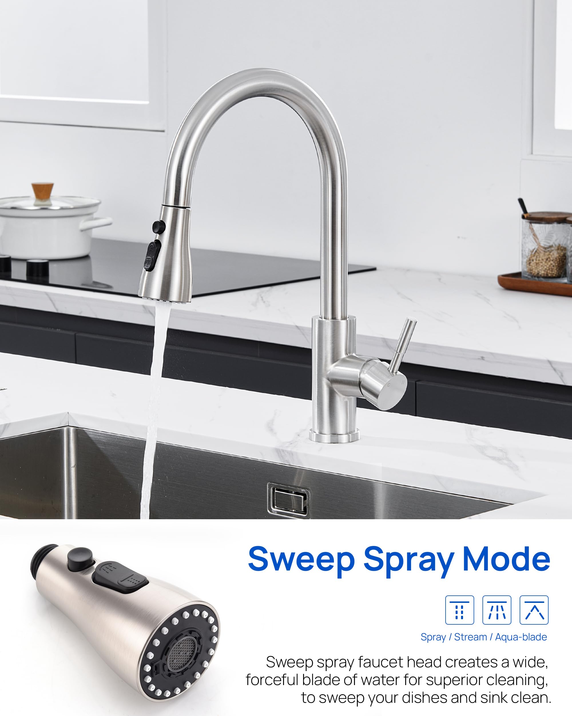 J-HVA Pull Down Kitchen Faucet Sprayer Head Replacement with 15 Adapters - 3 Function Pull Out Sink Sprayer Nozzle, Brushed Nickel - Perfect for Kitchen Sink Faucet Repair & Upgrade, Dish Washing & Food Prep