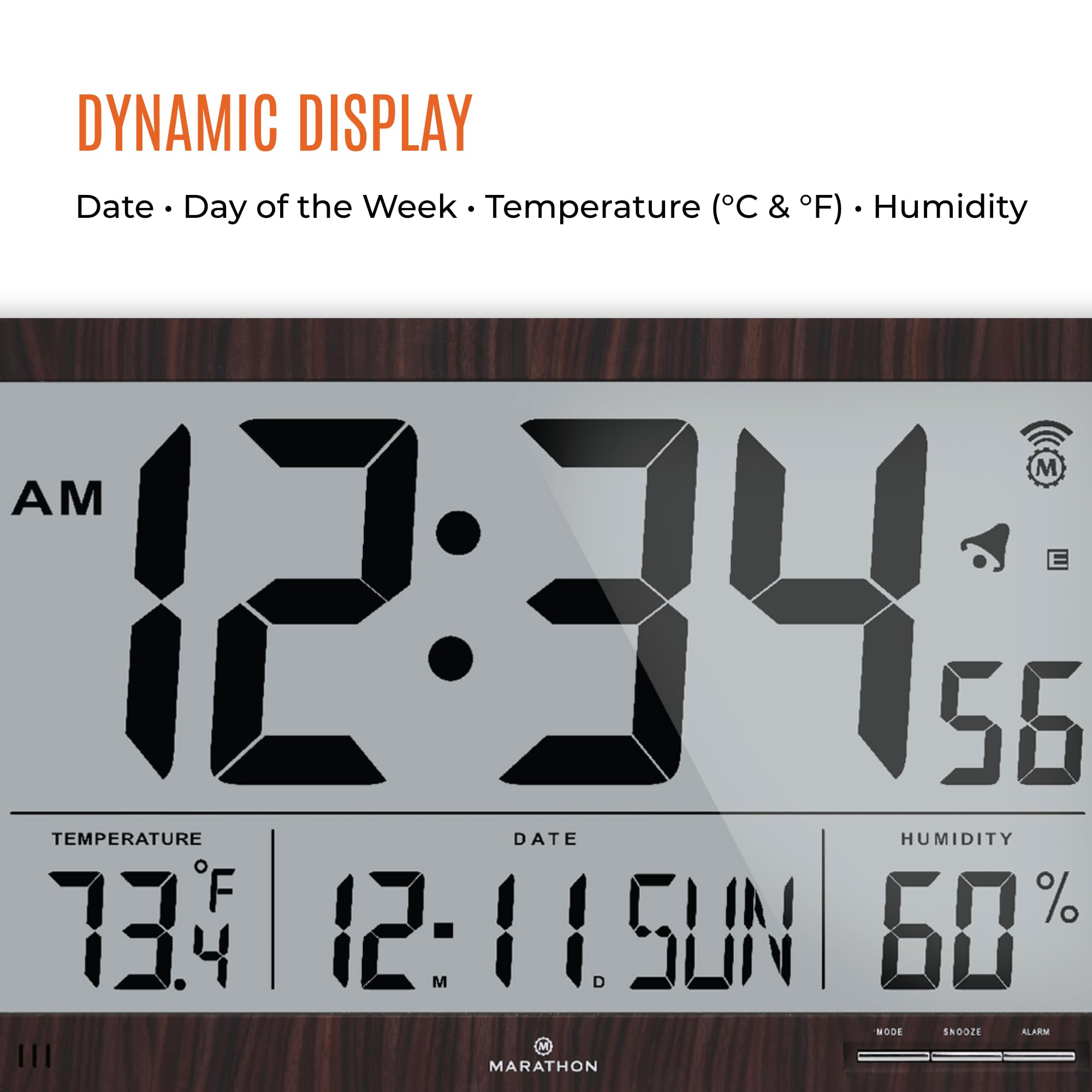 MARATHON Slim Jumbo Atomic Wall Clock - 15 Inch Large Display with Alarm, AM/PM & 24-Hour Time, 8 Time Zones, Indoor Temperature & Humidity Monitor - Walnut Finish (Includes 4 AA Batteries) - Perfect for Living Room, Office, Classroom & Home Decor