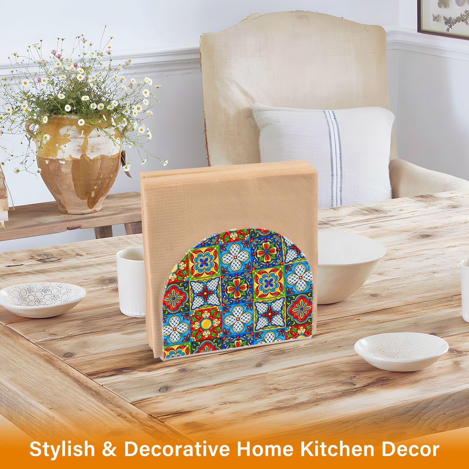 Modern Mexican Talavera Tiles Acrylic Napkin Holder - Stylish Paper Napkins Dispenser for Kitchen, Dining Table & Countertops - Perfect for Home Decor, Parties, and Everyday Use