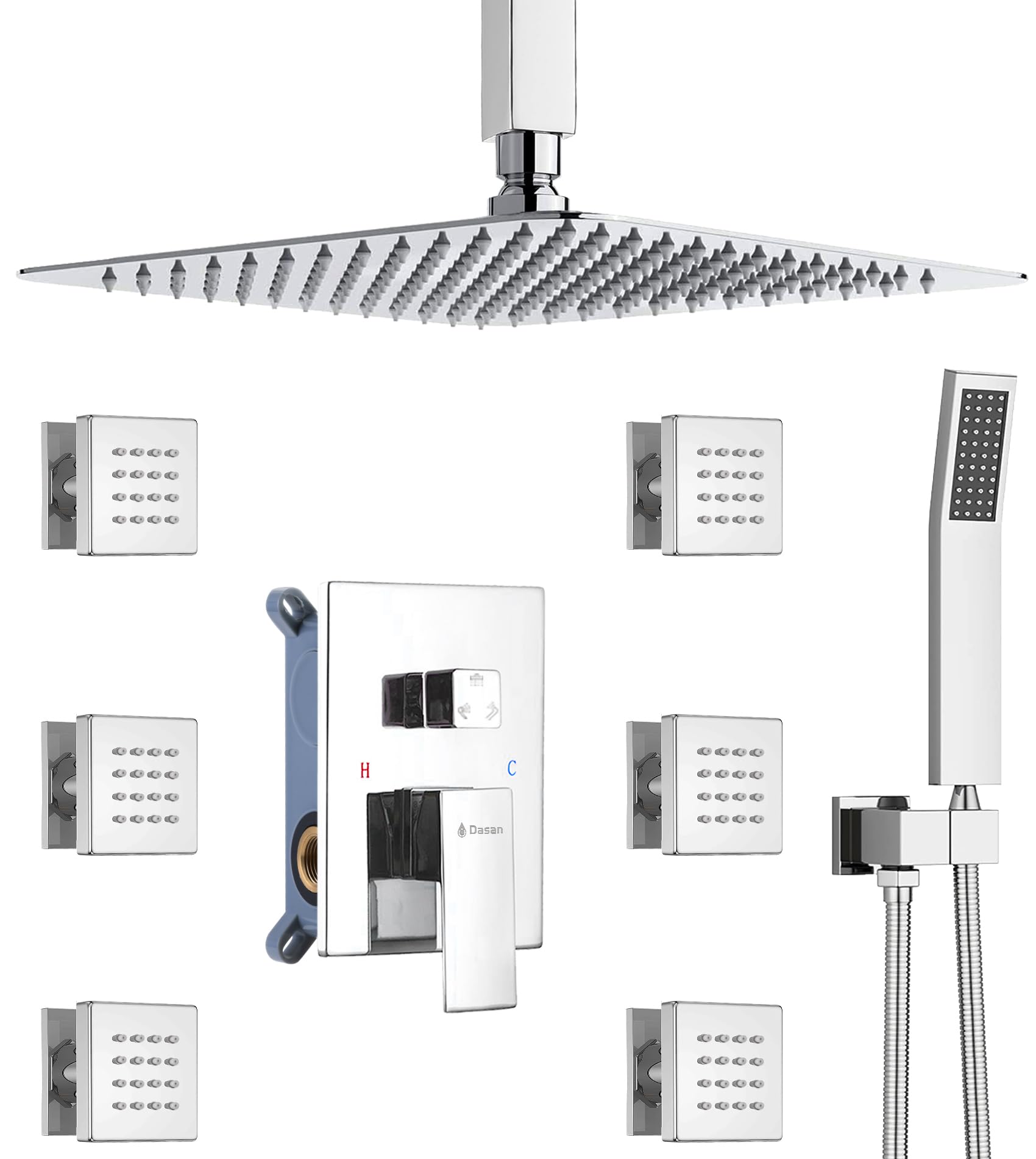 Premium DASAN 6-Piece Body Spray Jets & 12'' Rain Shower Head with Handheld - Complete Ceiling Mount Shower System in Polished Chrome (Includes Valve) - Perfect for Luxury Bathrooms & Spa-Like Experience - Model SA-SS03ACH-S12C