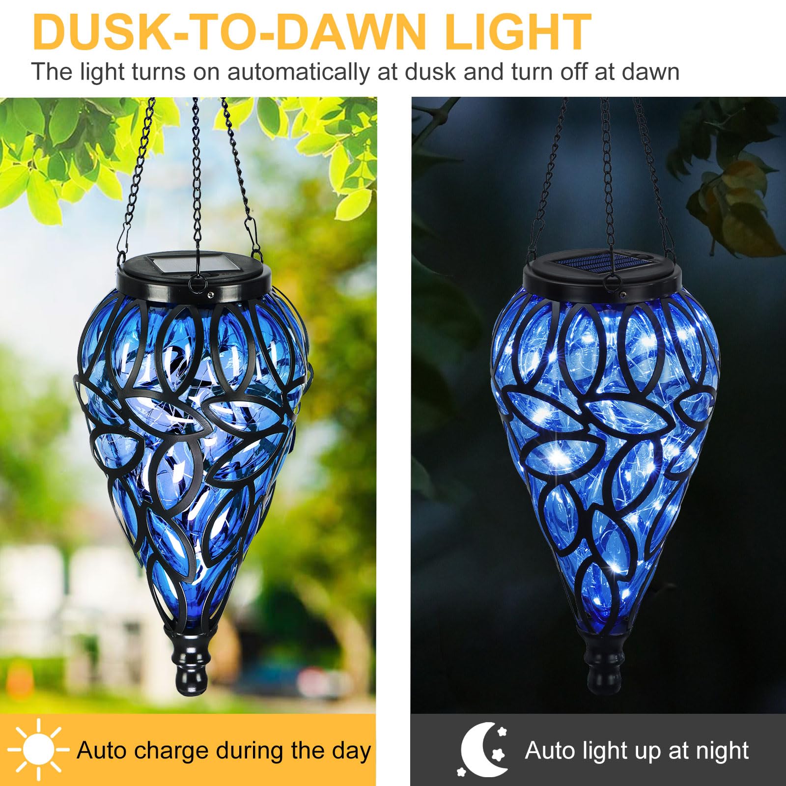 Solar Hanging Lantern Outdoor Lights - 15 LED Waterproof Tear-Shaped Cool White Garden Lights with S Hooks for Yard, Pathway, Front Door & Landscape Decor | Perfect for Patio, Wedding, Party & Holiday Lighting