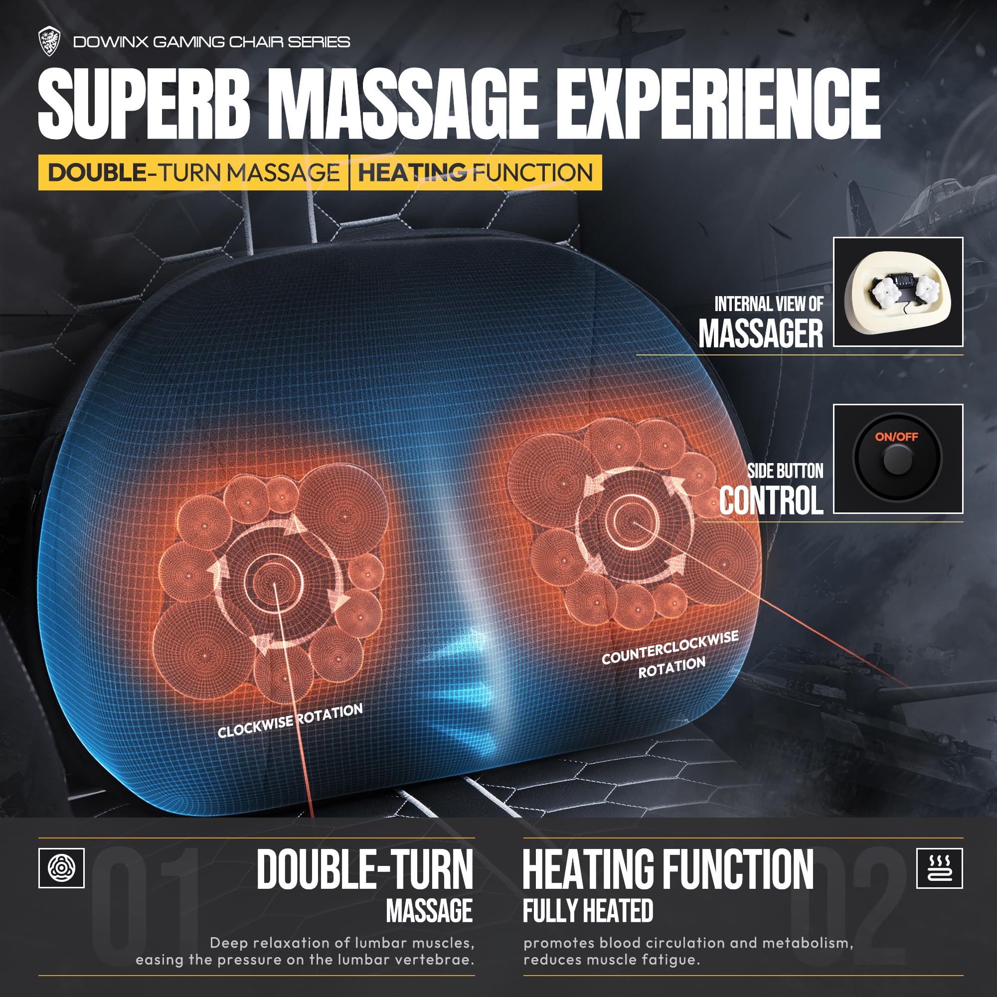 Dowinx Ergonomic Gaming Chair with Heated Massage & Lumbar Support - Reclining PC Office Chair with Pocket Spring Cushion & Footrest - High Back Computer Chair for Adults (330lbs Capacity, Black) - Perfect for Esports, Streaming & Home Office Work