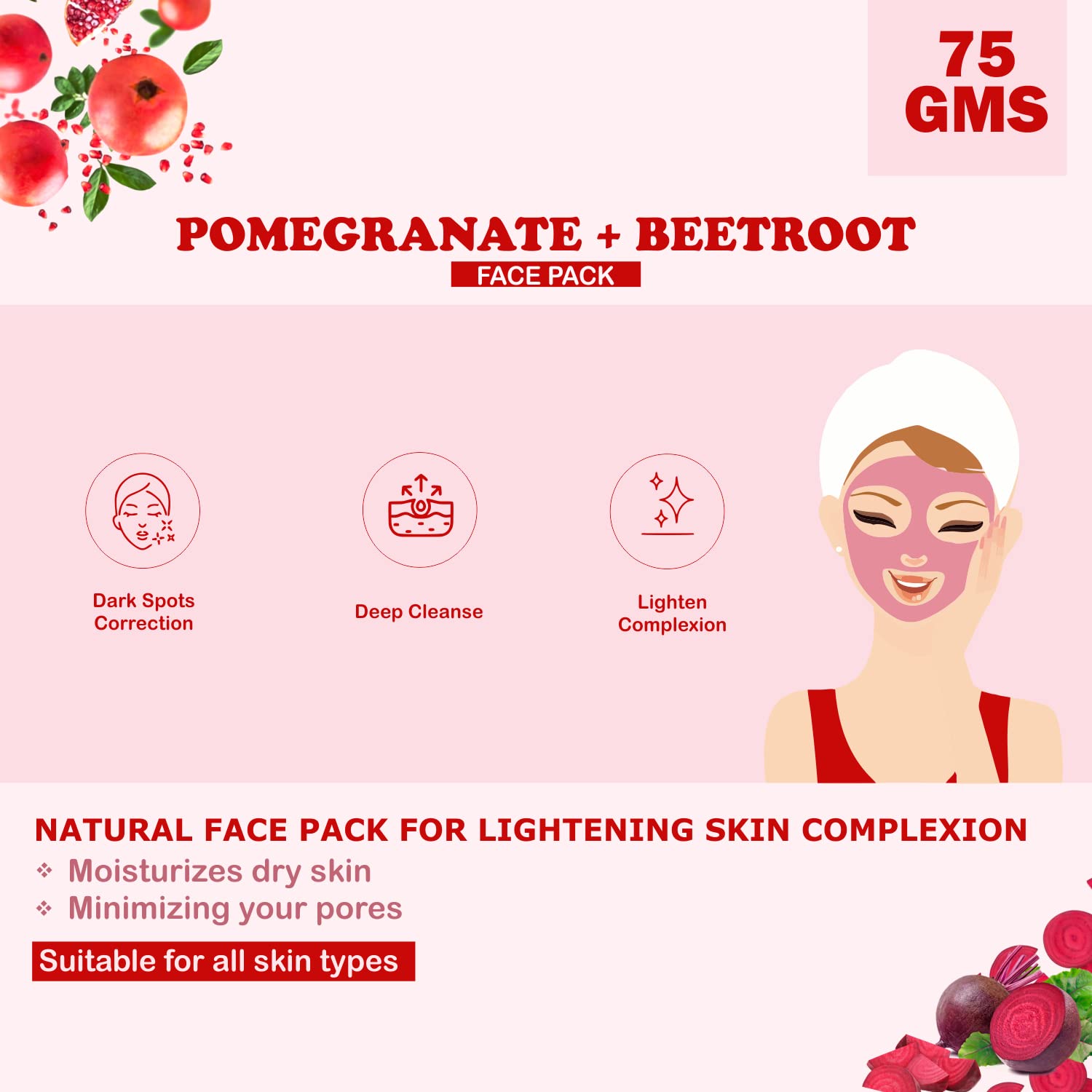 Kimayra Pomegranate & Beetroot Face Pack Powder with Pure Rose Water Spray - 100ml + 75g | Natural Glow Skincare Set for All Skin Types | Hydrating Facial Treatment for Daily Beauty Routine & Spa Days