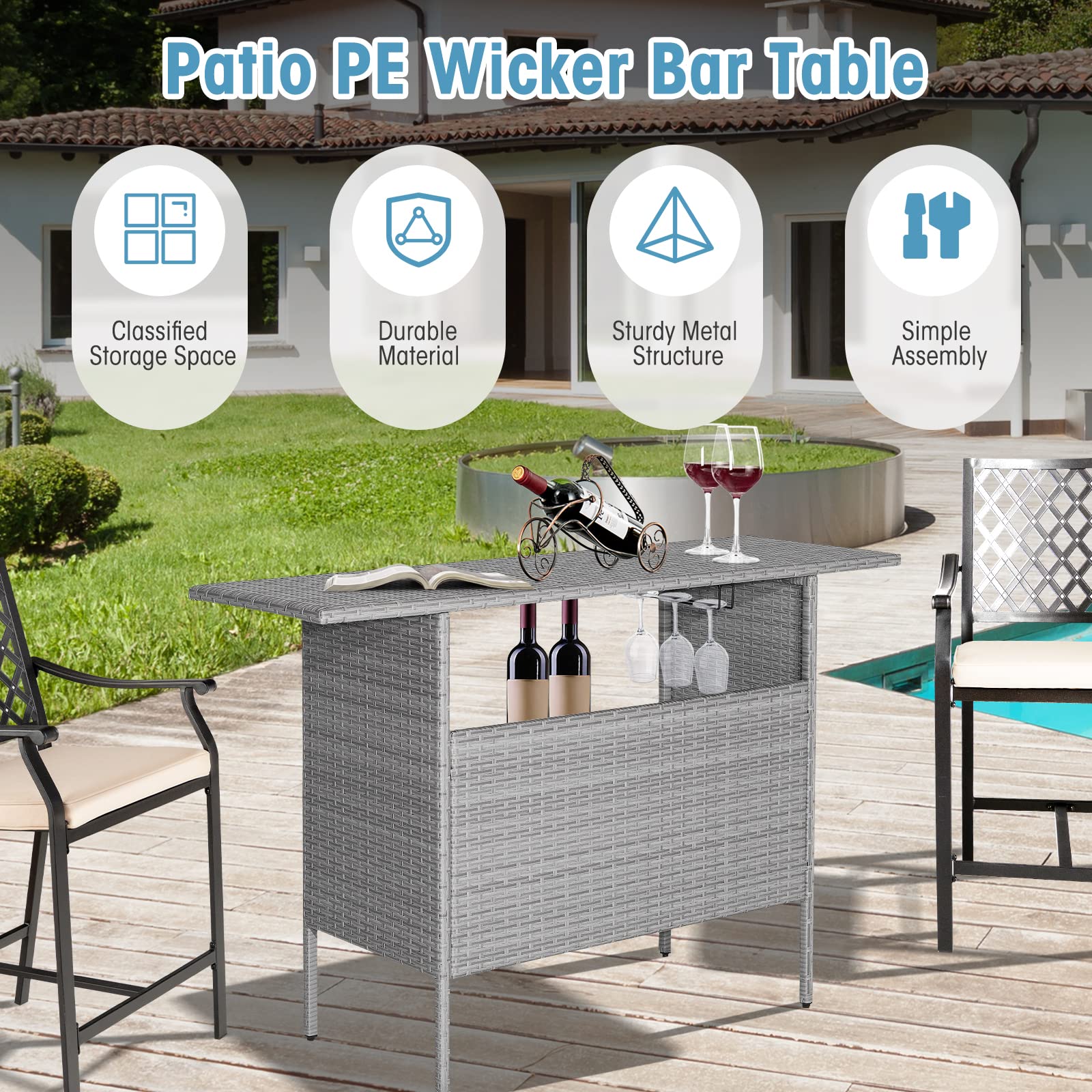Tangkula Outdoor Wicker Bar Table - All-Weather Patio Bar Height Table with 2 Metal Mesh Shelves & 2-Rail Steel Stemware Racks - Rattan Bar Counter for Backyard, Poolside, Garden (Mix Grey) | Perfect for Outdoor Entertaining, BBQs, and Relaxing by the Pool