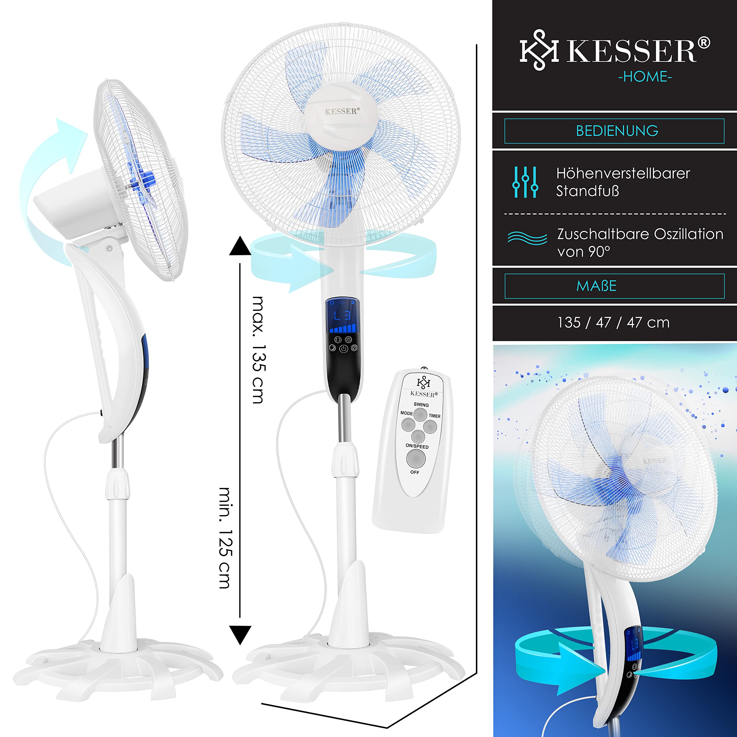 KESSER® 50W Remote Control Floor Fan with Timer, 3 Speed Levels, 80° Oscillation, Height & Tilt Adjustable Stand - Perfect for Home, Office & Bedroom Cooling