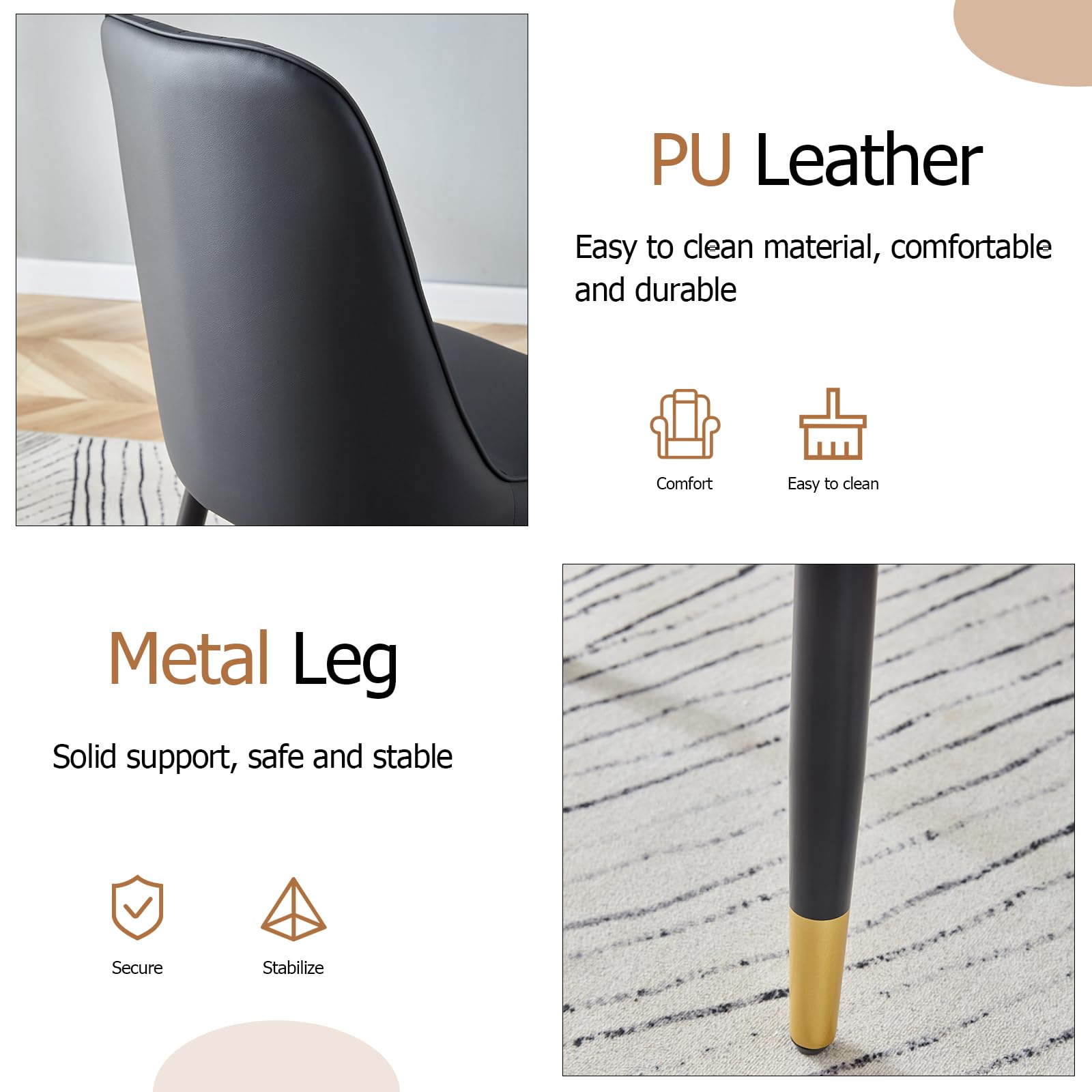 Modern PU Leather Dining Chairs Set of 6 - Armless Upholstered Kitchen Chairs with Metal Legs for Dining Room & Kitchen | Perfect for Family Gatherings, Dinner Parties & Small Space Dining