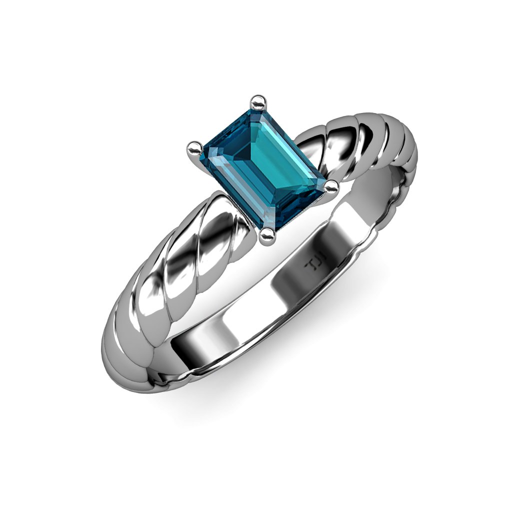 London Blue Topaz 7x5mm Emerald Cut Solitaire Rope Engagement Ring - 0.90 Carat 14K White Gold Wedding Band for Women - Perfect for Proposals, Anniversaries & Special Occasions