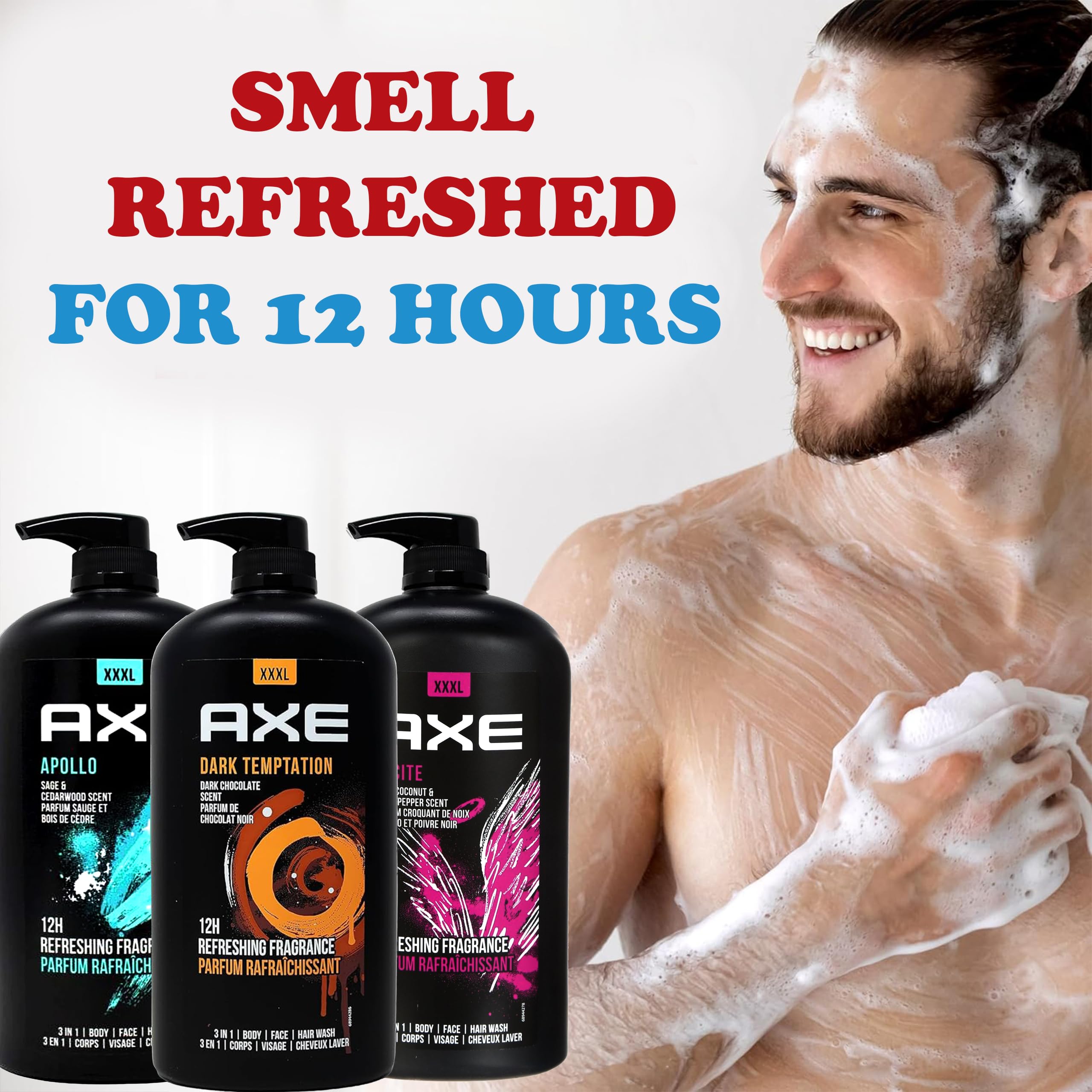 Axe Men's Body Wash Variety Set - 3 Scents (Dark Temptation, Apollo, Excite) | 3-in-1 Shower Gel for Body & Face | 33.8oz Pump Bottles Each | Refreshing Daily Shower for Men | Gym, Workout & Post-Sport Cleansing