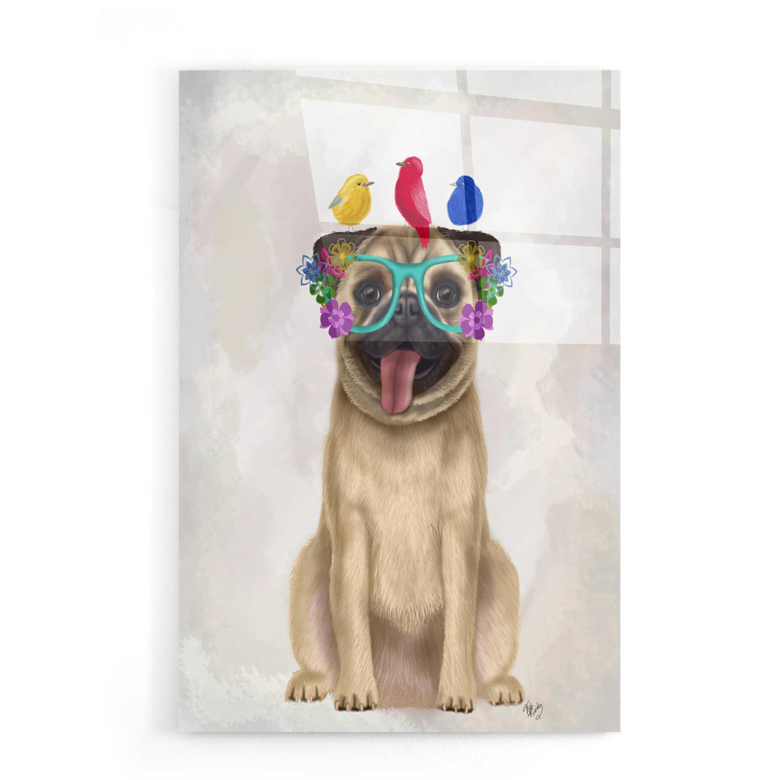 Fab Funky 'Pug and Flower Glasses' Acrylic Wall Art - 16x24 Inch Modern Dog Painting - Perfect for Living Room, Bedroom & Office Decor