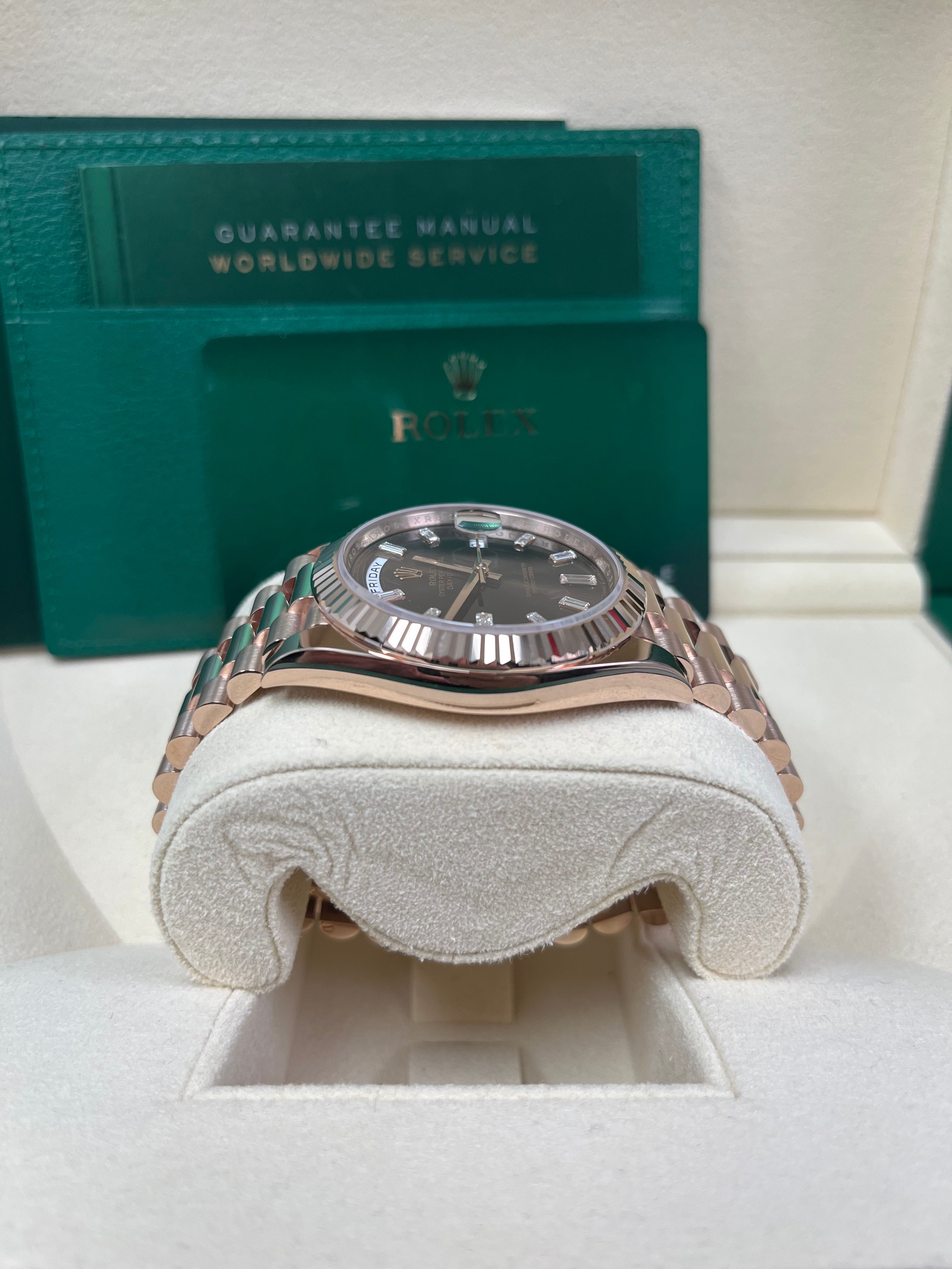 Rolex Day-Date 40 Rose Gold Men's Watch with Fluted Bezel & Chocolate Baguette Diamond Dial - Model 228235 | Luxury Dress Watch for Business & Formal Occasions