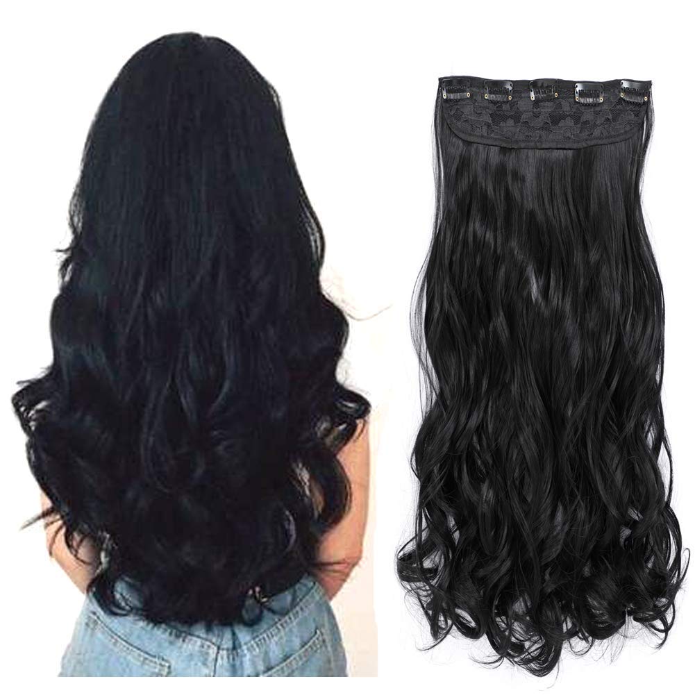 ZALYA 24 Inch Human Hair Extensions - 5 Clips ¾ Head Wavy/Curly Black Hair Piece for Women & Girls - Adds Instant Length & Volume - Perfect for Parties, Weddings & Daily Styling