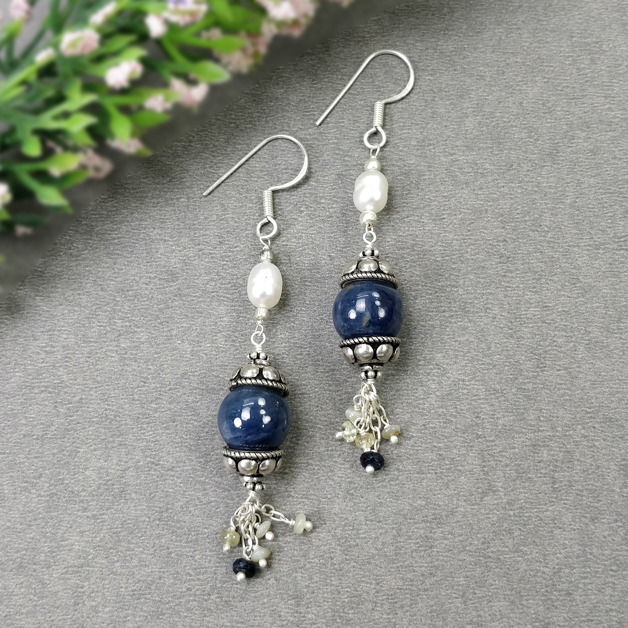 925 Sterling Silver Blue Sapphire Gemstone Beaded Earrings with Natural Pearl Drop - 13.28g Dangle Hook Earrings for Women | Perfect for Weddings, Parties & Special Occasions
