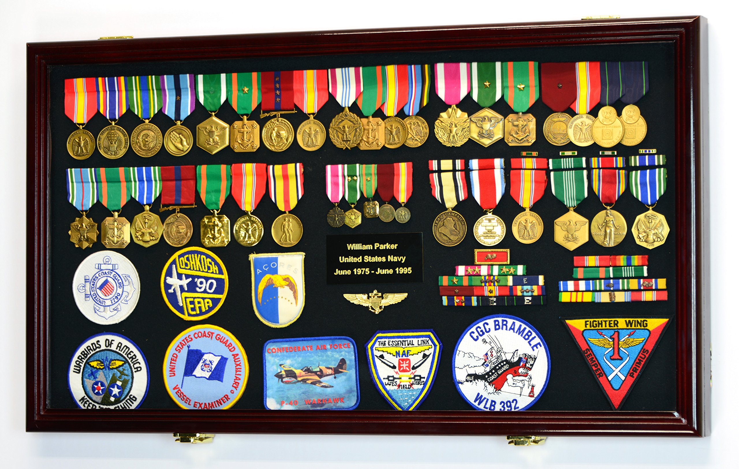 Large Military Medals, Pins, Patches, Insignia & Ribbons Display Case with Flag - Premium Wall Mount Cabinet for Army, Navy, Air Force Decor & Collectors Showcase