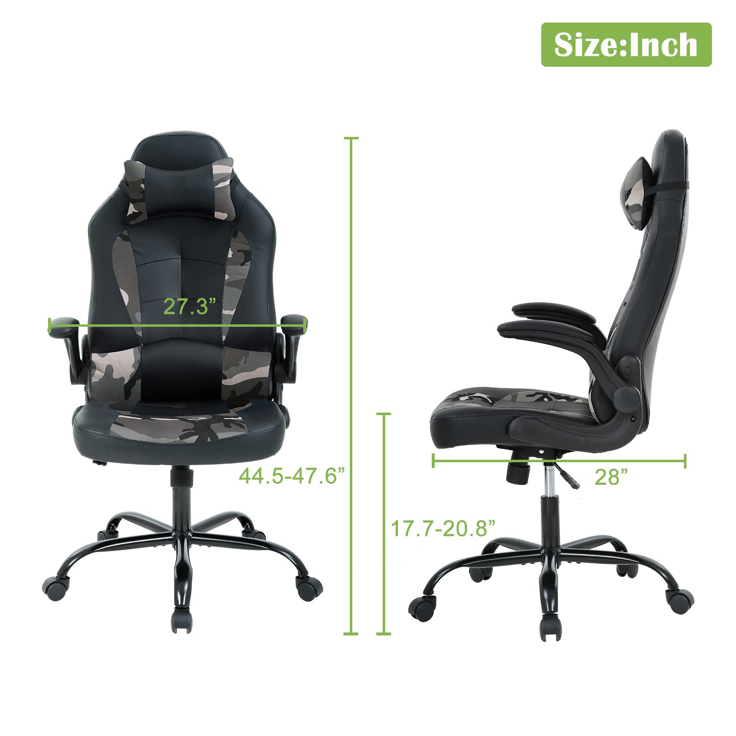 Ergonomic High Back Office & Gaming Chair with Adjustable Lumbar Support & Headrest - PU Leather Executive Swivel Task Chair for Home Office, PC Gaming, and Work - Perfect for Long Hours of Comfort (Camo Design)