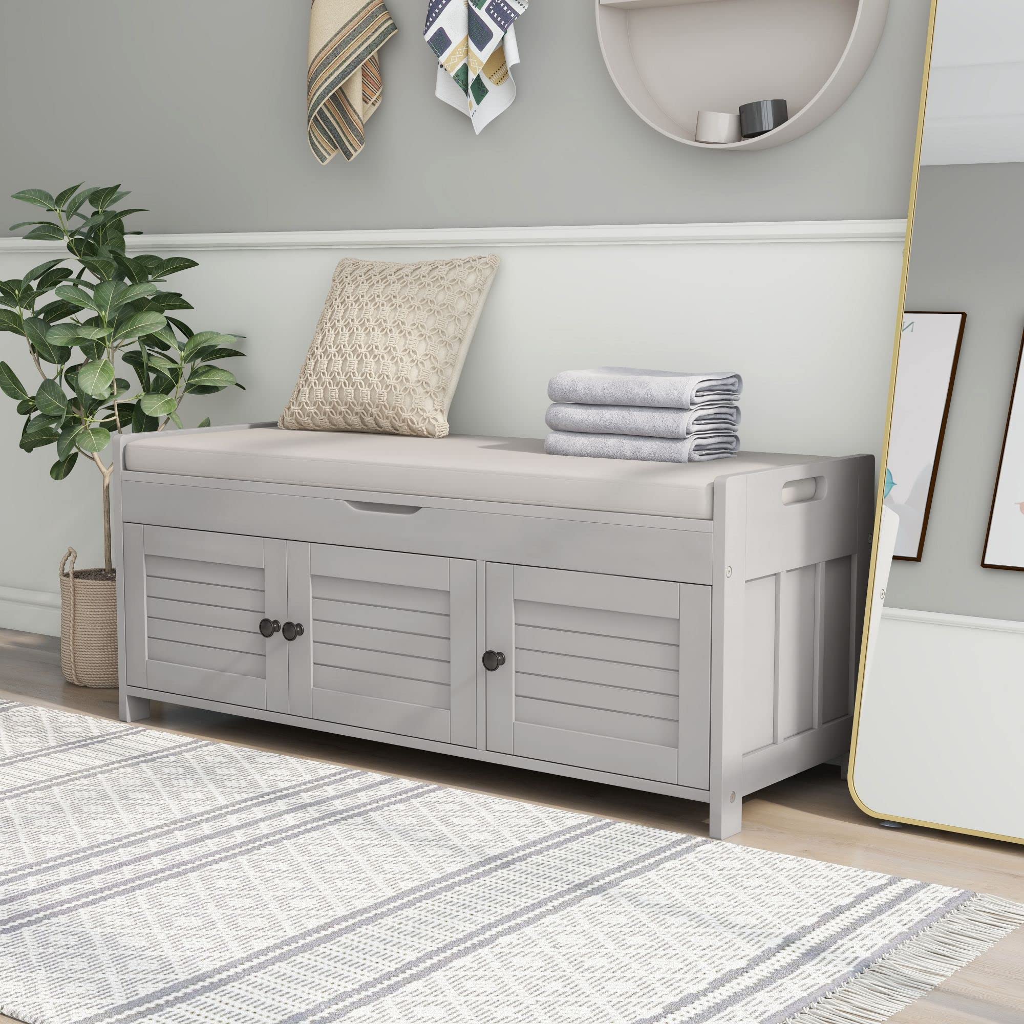 DERCASS Grey Wash Storage Bench with 3 Shutter-Style Doors - Shoe Bench with Removable Cushion & Hidden Compartment - Perfect for Entryway, Living Room, Hallway Organization & Home Decor