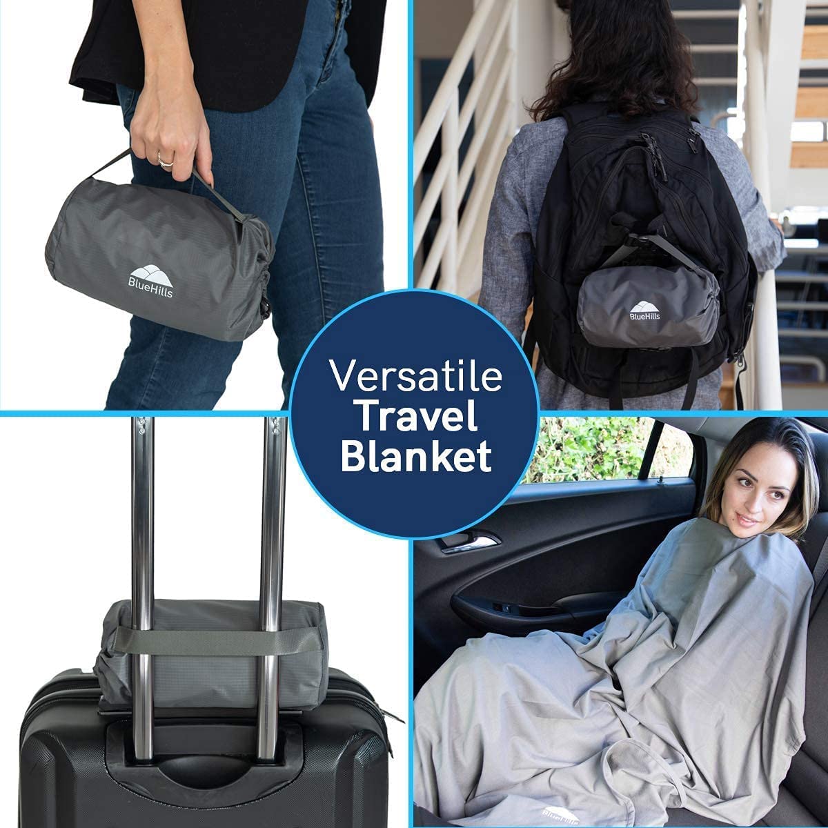 Premium Soft Ultra Compact Travel Blanket Set of 4 - Lightweight Airplane Blanket for Adults, Gray/Black/Navy/Royal Blue - Perfect for Flights, Camping, Road Trips & Office Use