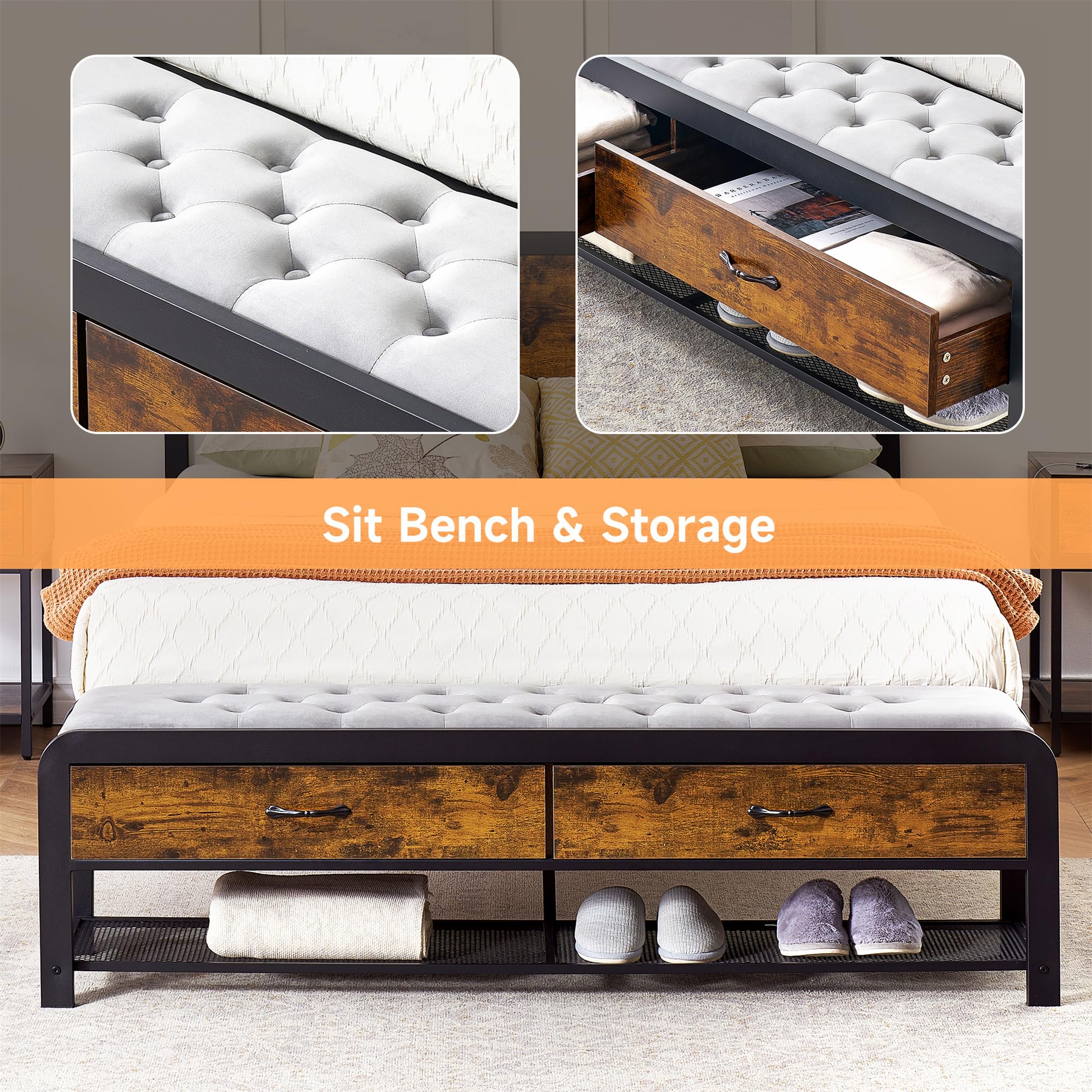 IDEALHOUSE 3-Piece Queen Bedroom Set with Storage - Bed Frame & Headboard, Nightstand with Charging Station & Drawer Bench | Perfect for Small Spaces & Guest Rooms