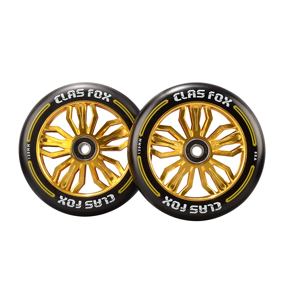 120mm Pro Scooter Wheels - Pair of 2 with Bearings (120x24mm) - High Performance Kids Scooter Replacement Parts in Black & Gold - Perfect for Tricks, Stunts & Street Riding