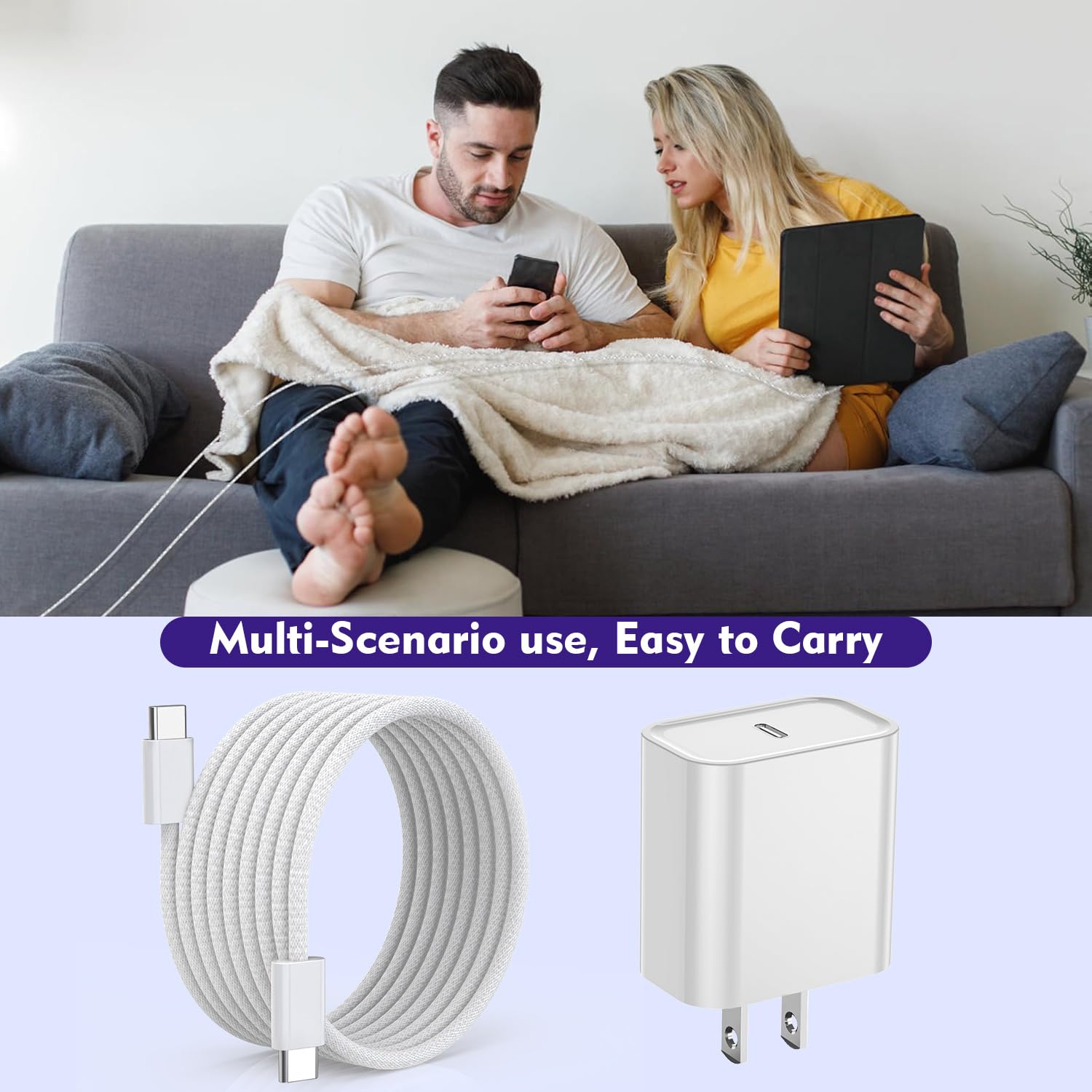 [3 Pack] 10FT USB C to C Fast Charging Cable with 20W Wall Charger - Braided Nylon, Compatible with iPhone 16/15 Series & iPad Pro - Perfect for Home, Office & Travel Charging