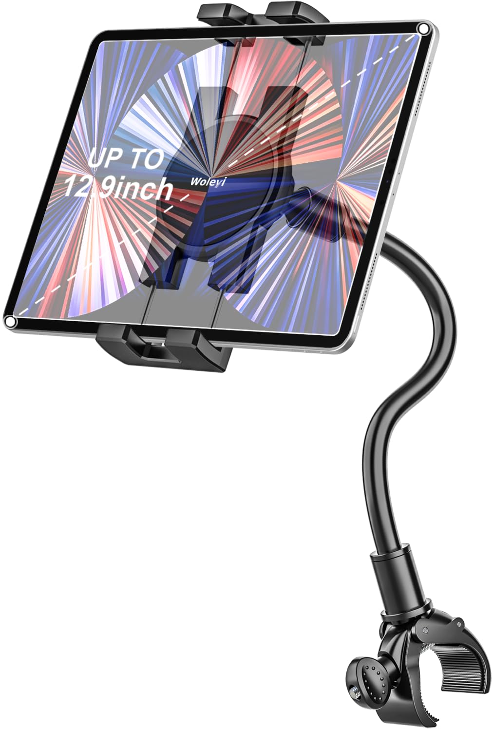 Woleyi Adjustable Gooseneck Tablet Holder for Spin Bike & Peloton - Universal Exercise Bike Handlebar Mount for iPad Pro/Air/Mini, Galaxy Tablets (4.7-13 Inch) - Perfect for Home Gym, Cycling Workouts & Treadmill Training