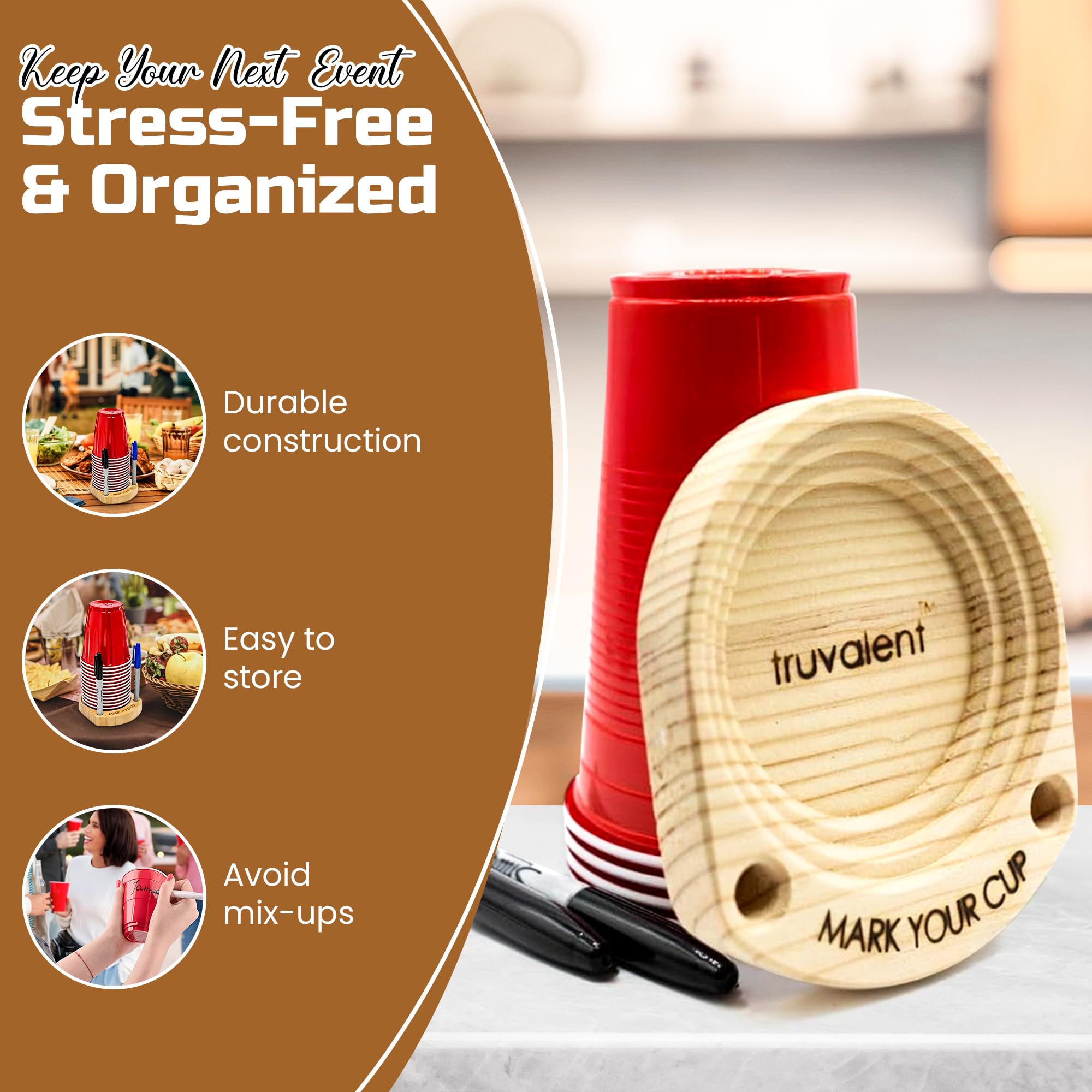 Wooden Party Cup Holder with Marker Slots - Essential Drink Organizer for Events, Weddings & Gatherings - Perfect for Keeping Track of Beverages at Parties, BBQs and Social Events