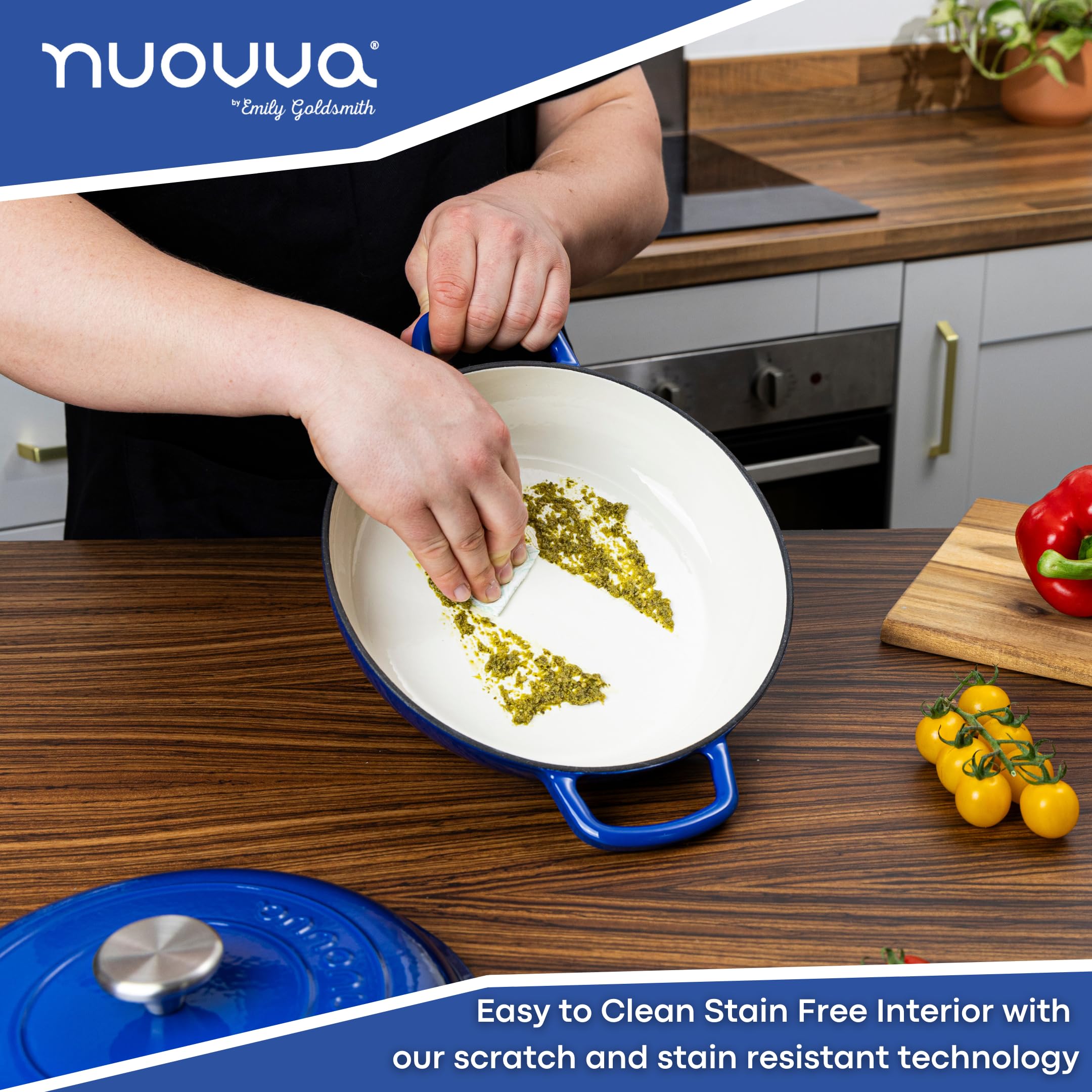 Nuovva 2.3-Quart Enameled Cast Iron Dutch Oven with Lid - Nonstick, Oven & Stovetop Safe up to 500°F - 26cm Dark Blue Casserole Pot for Braising, Stewing & Baking - Durable Enameled Cookware for Kitchen & Camping
