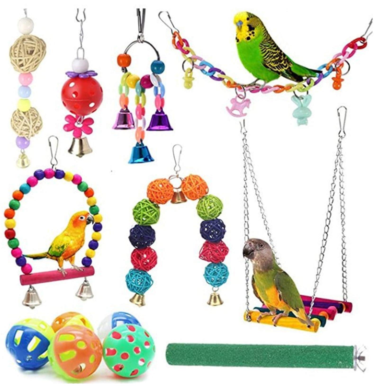 12 Pcs Bird Swing Chewing Toys - Parrot Hanging Cage Hammock with Bell & Ladder - Safe Chew Toys for Small Birds Like Parakeets, Conures, Cockatiels, Mynahs, Macaws & Lovebirds - Perfect for Cage Enrichment & Playtime