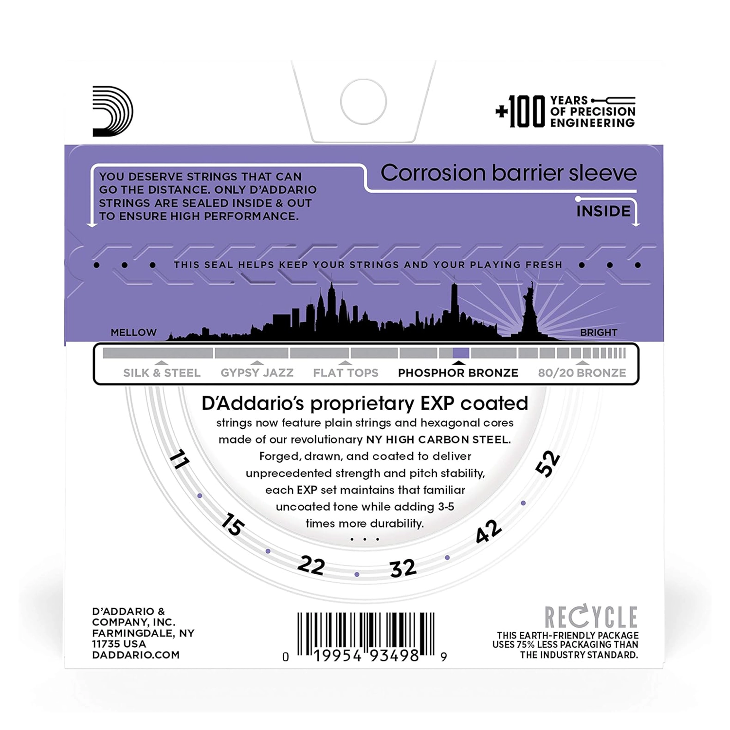 D'Addario Custom Light Gauge (.011-.052) Coated Phosphor Bronze Acoustic Guitar Strings - Perfect for Folk, Country & Fingerstyle Playing