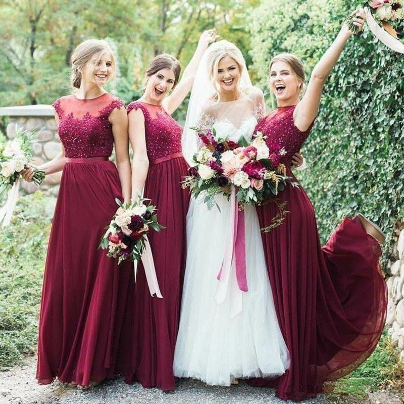 Elegant Floor Length Chiffon Bridesmaid Dress with Lace Details in Jewel Wine - Perfect for Beach Weddings, Formal Events & Special Occasions