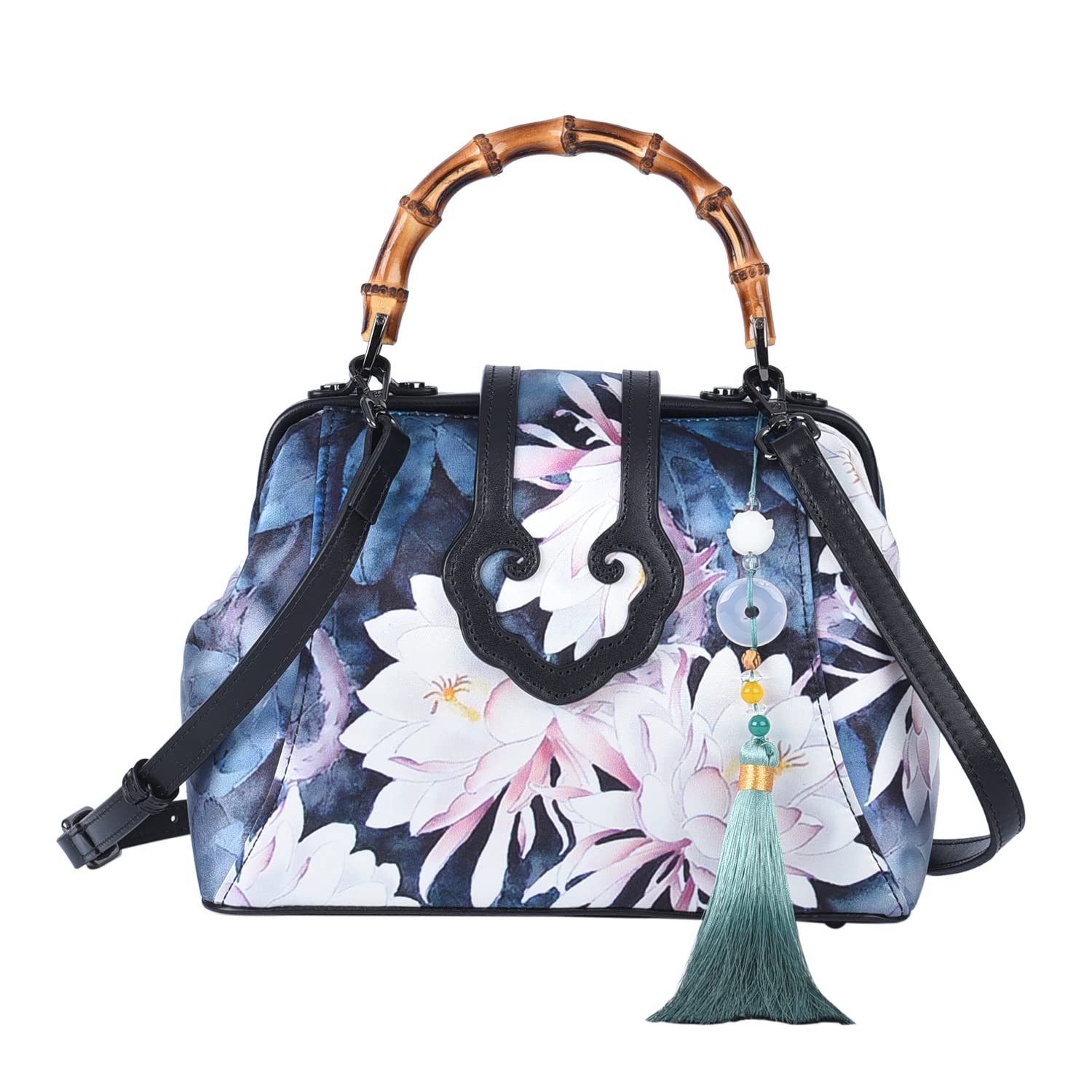 Luxury Women's Fashion Tote Bag - Floral Silk & Genuine Leather with Bamboo Handle | Elegant Work Bag, Travel Purse & Everyday Carry-all for Women