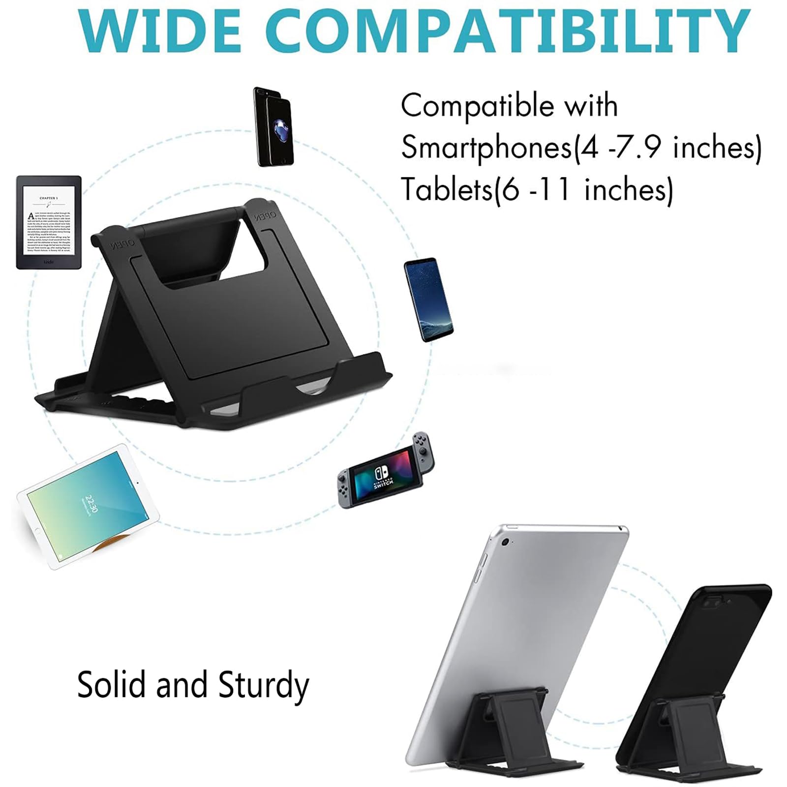 COOLOO 4-Pack Multi-Angle Cell Phone & Tablet Stand - Universal Desk Holder Compatible with iPhone 13/12/Pro/Plus & All Android Smartphones (Black) - Perfect for Home Office, Bedside, Kitchen & Video Calls
