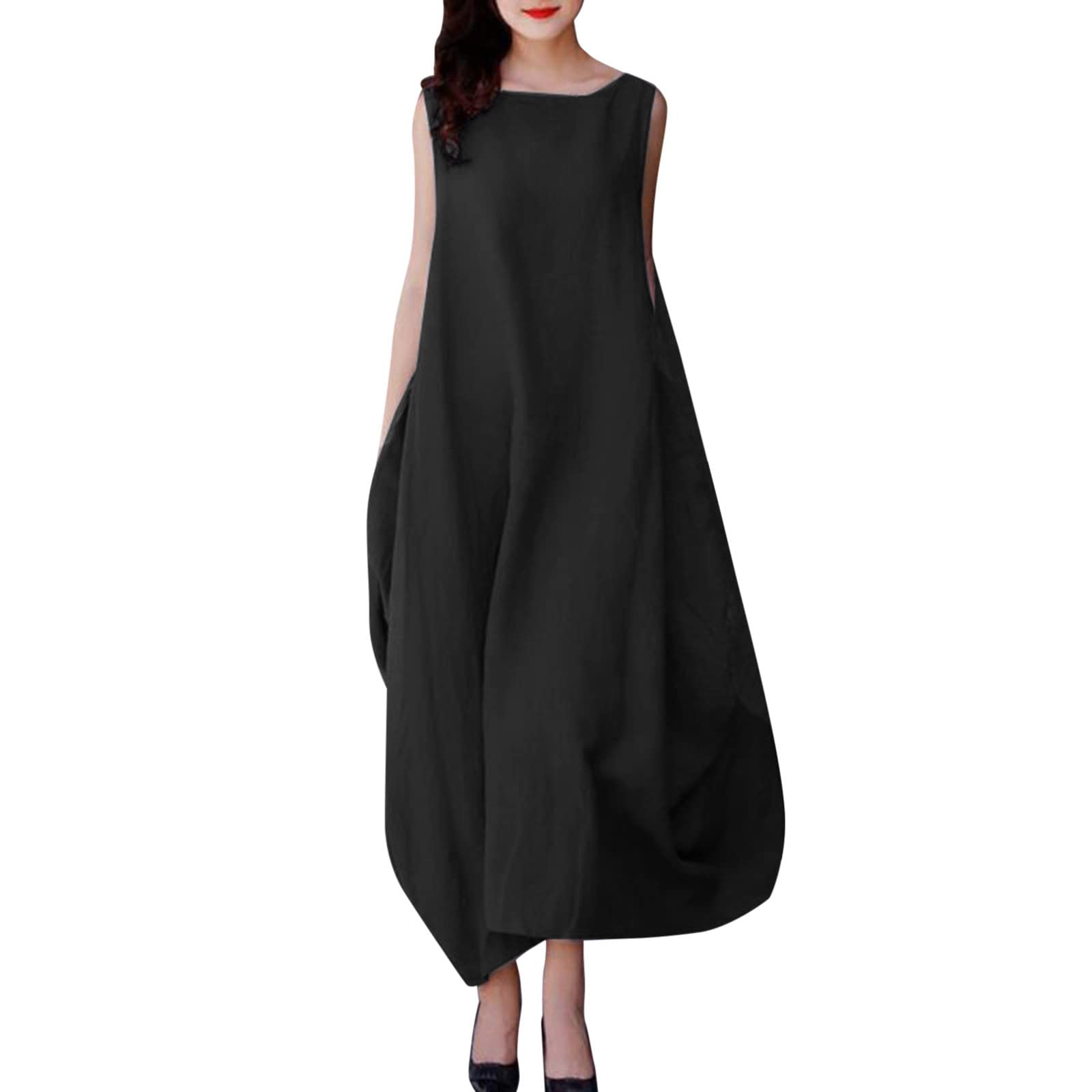 Women's Cotton Linen Sleeveless Slit Dress - Summer Beach Party Wear