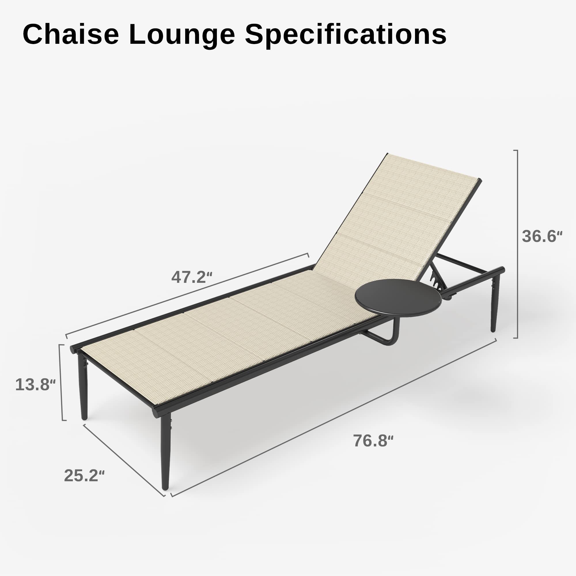 EAST OAK Textilene Outdoor Chaise Lounge Chair - 2024 Aluminum Patio Recliner with Adjustable 5-Position Backrest & Side Table - Waterproof Sunbed for Poolside, Beach, Backyard, Porch, Garden Relaxation - Perfect for Summer Lounging, Vacation & Outdoor Leisure