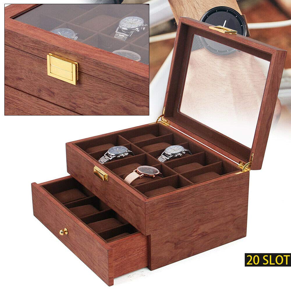20-Slot Watch Organizer Box with Acrylic Top Lid - 2 Layer Wooden Watch Display Case for Men & Women - Perfect for Watch Collection Storage, Travel, and Gift Giving (Rosewood)