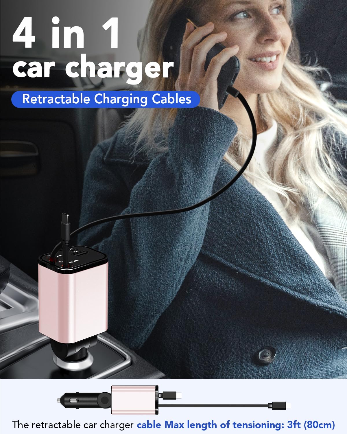 69W 4-in-1 Retractable Car Charger with 2 USB Ports & 2 Retractable Cables - Fast Charging for iPhone 16/15/14/13/12/11, Samsung Galaxy & Google Pixel - Perfect for Road Trips, Commuting & Emergency Charging