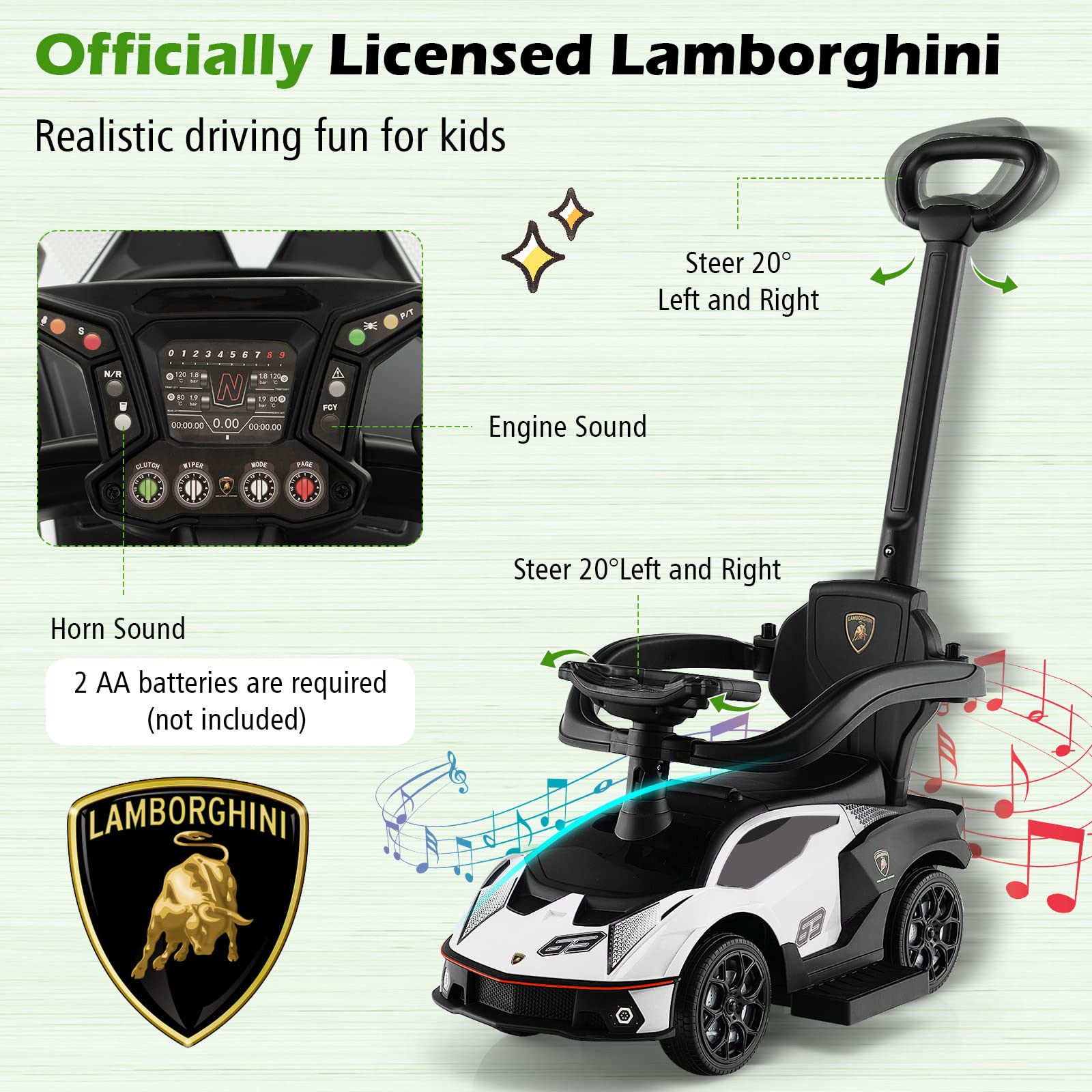 Costzon 3-in-1 Push Car for Toddlers - Licensed Lamborghini Stroller, Ride-On Toy with Handle, Armrest Guardrail & Storage - Foot-to-Floor Walking Car with Horn - Perfect Gift for Boys & Girls (White) - Indoor & Outdoor Play, Birthday & Holiday Present