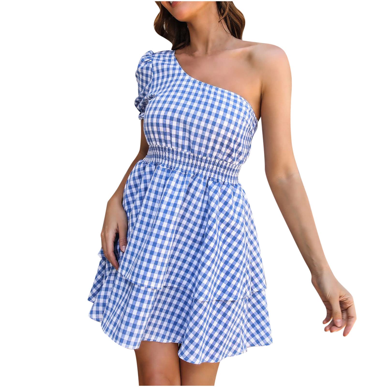 Women's Summer Plaid One Shoulder Sleeveless Dress - Lace-Up Flowy Tiered Party Mini Dress for Beach, Vacation & Night Out
